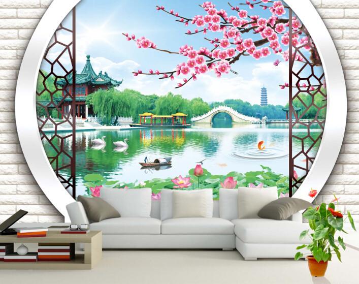 3D Willow Pond Peach Pavilion Wallpaper AJ Wallpaper 1 