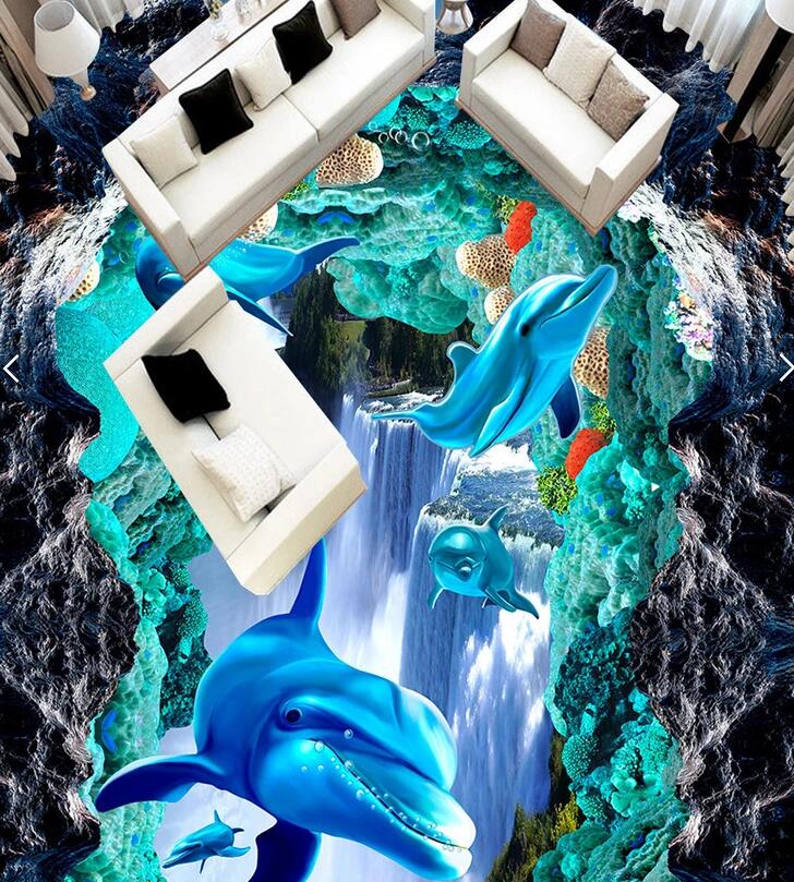 3D Waterfall Dolphin 621 Floor Mural  Wallpaper Murals Rug & Mat Print Epoxy waterproof bath floor