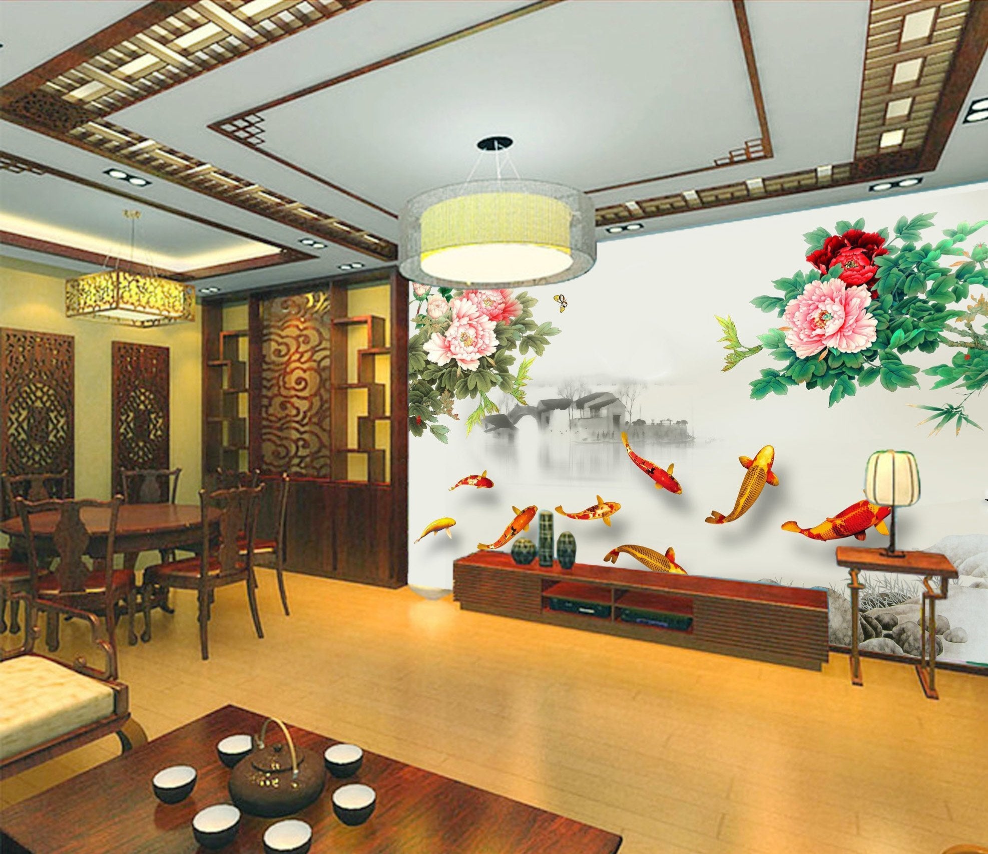 3D Ink Painting Flower Fish 314 Wallpaper AJ Wallpaper 