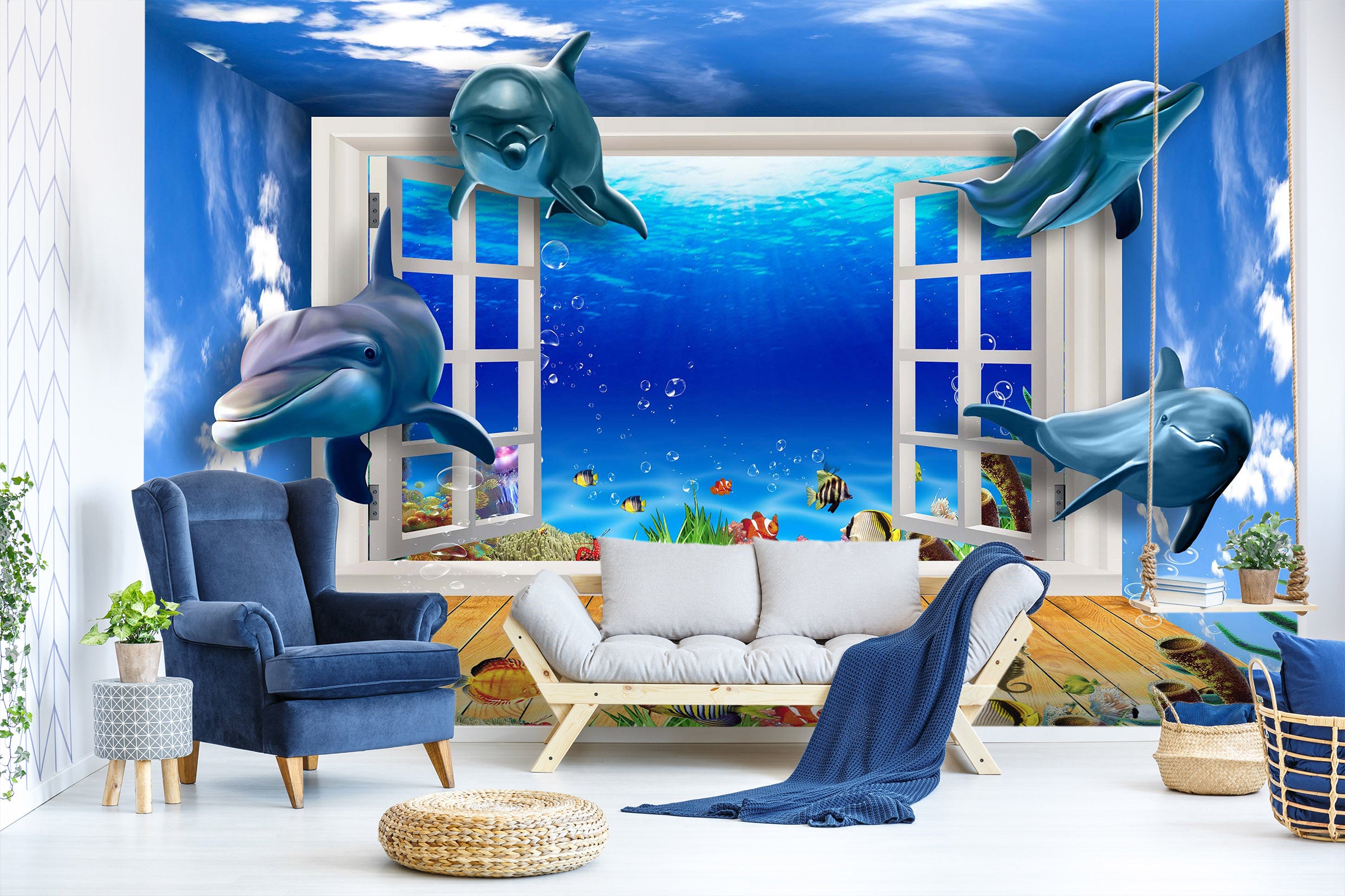 3D Cute Dolphin 1410 Wall Murals