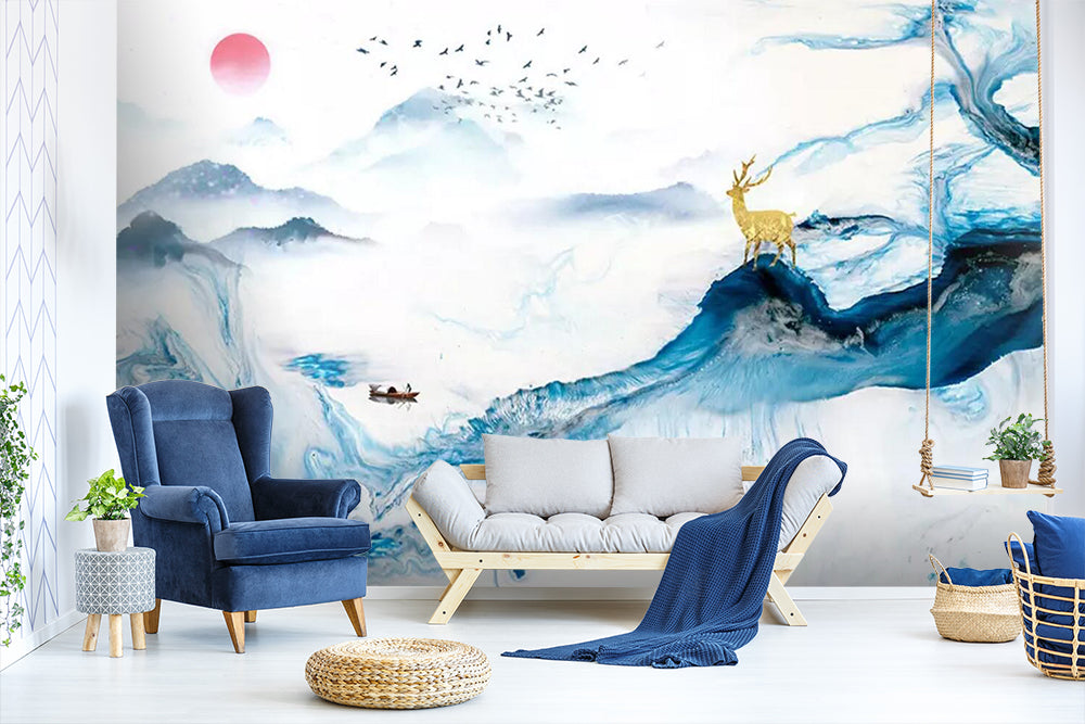 3D Golden Deer Boat WC781 Wall Murals