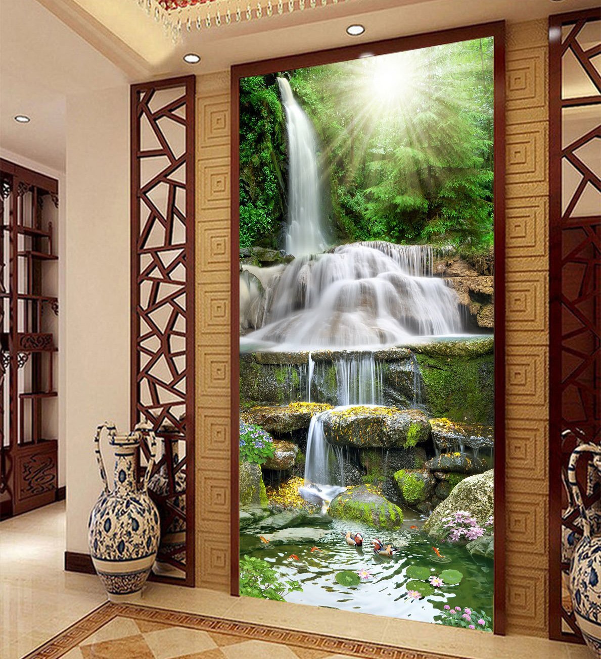 3D Waterfall Mandarin Duck 380 Wallpaper AJ Wallpaper 