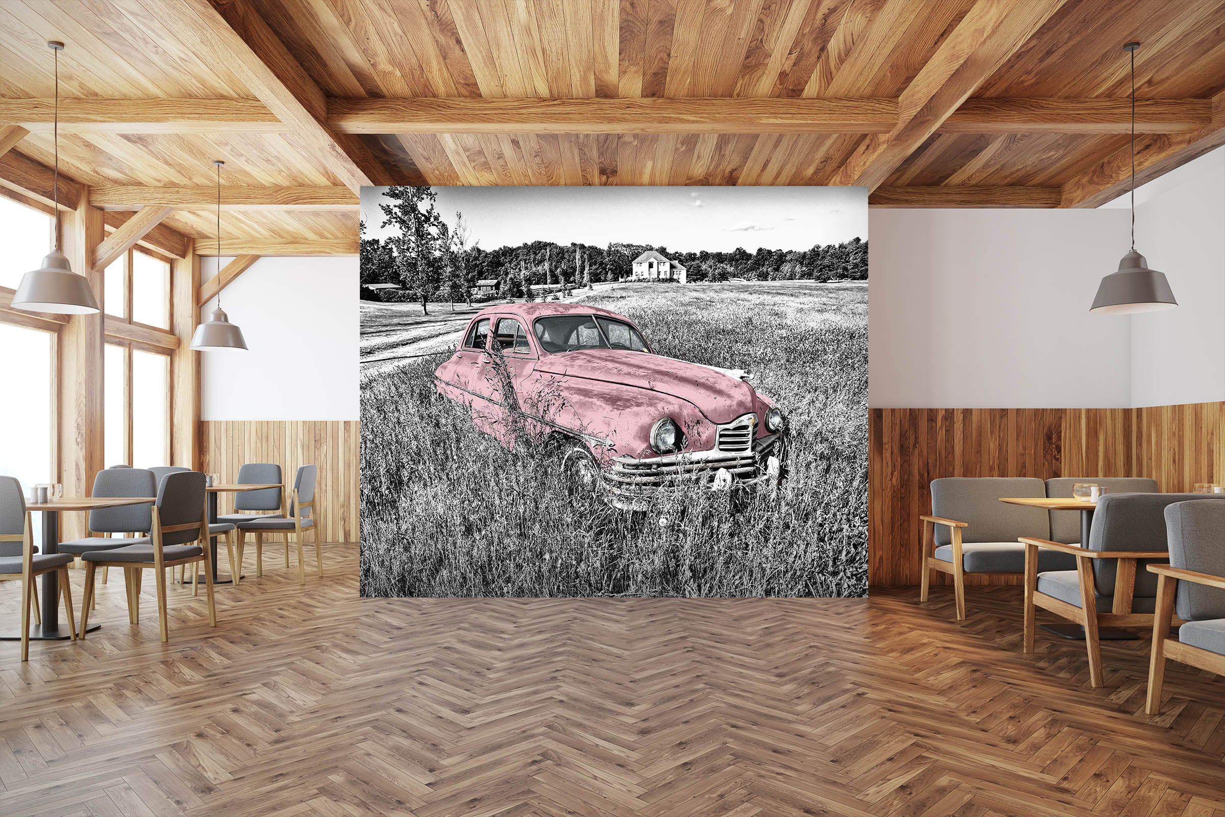 3D Abandoned Pink Car 293 Vehicle Wall Murals