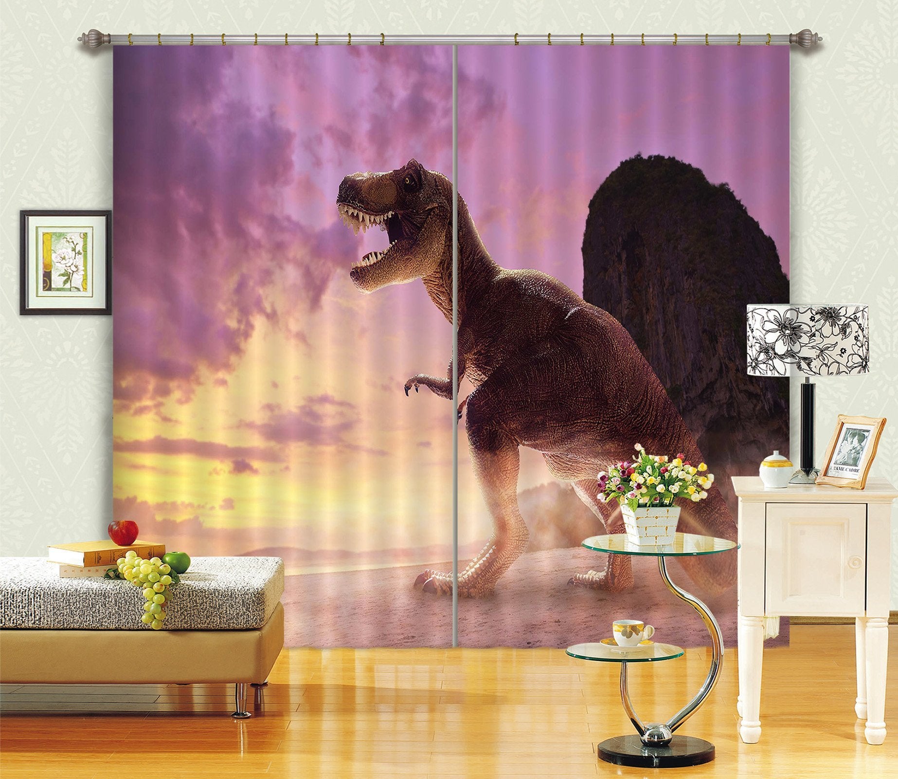 3D Tyrannosaurus White Fog 150 Curtains Drapes Curtains AJ Creativity Home 