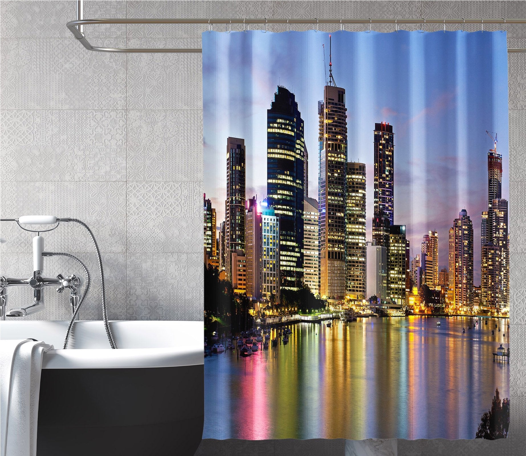 3D Night Building 004 Shower Curtain 3D Shower Curtain AJ Creativity Home 