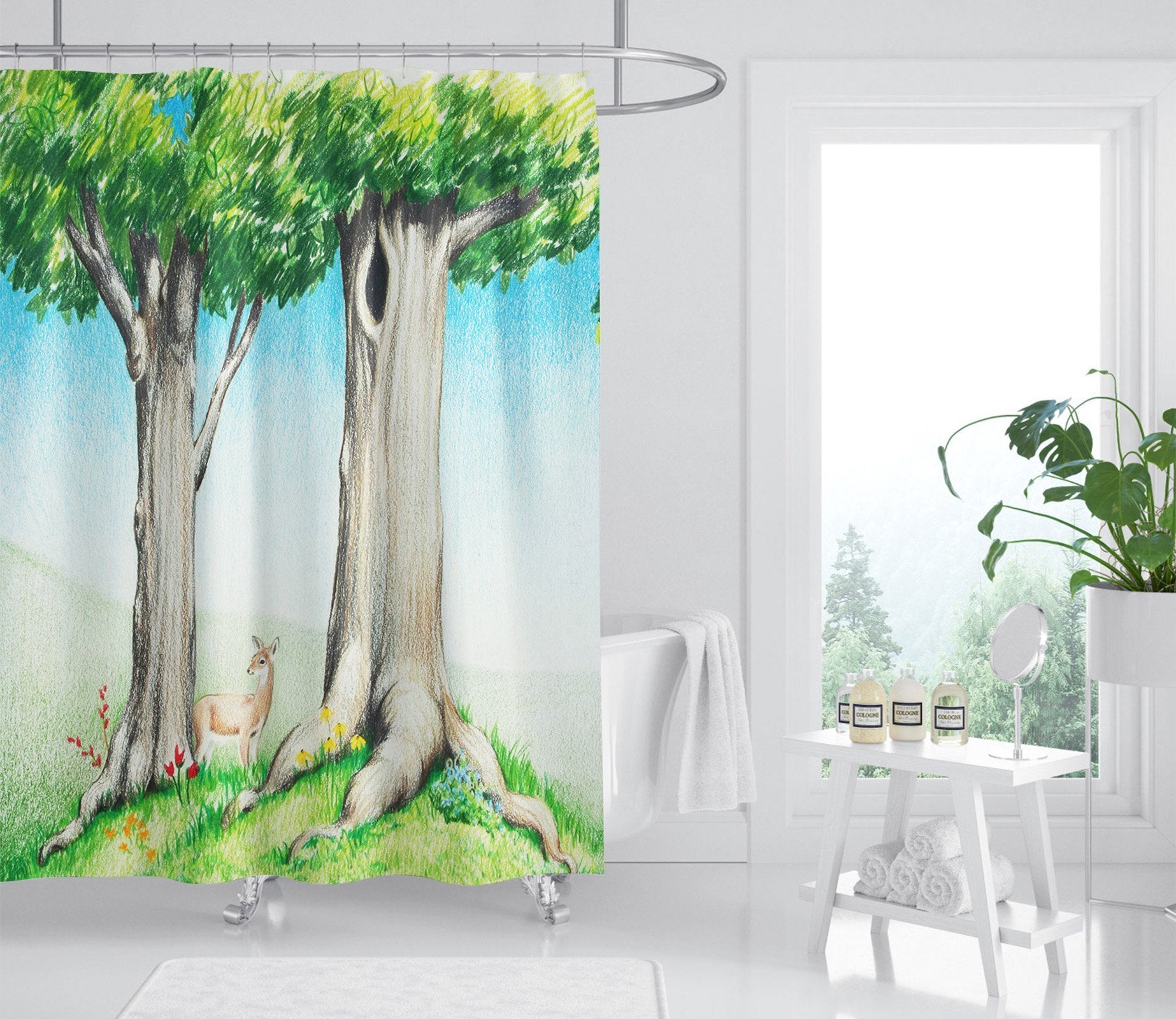 3D Doodle Tree Deer 018 Shower Curtain 3D Shower Curtain AJ Creativity Home 