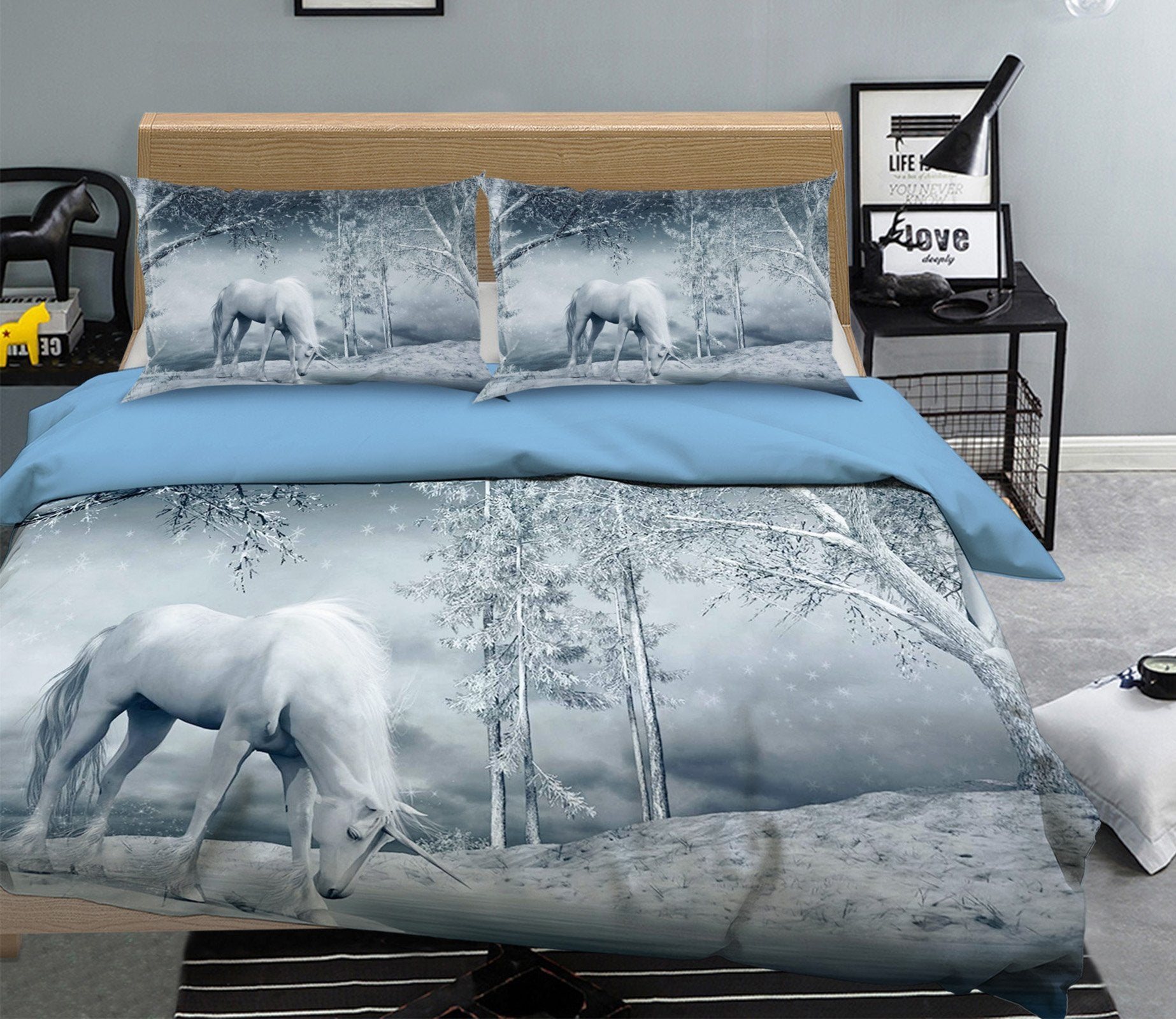 3D Snowflake Unicorn 052 Bed Pillowcases Quilt Wallpaper AJ Wallpaper 