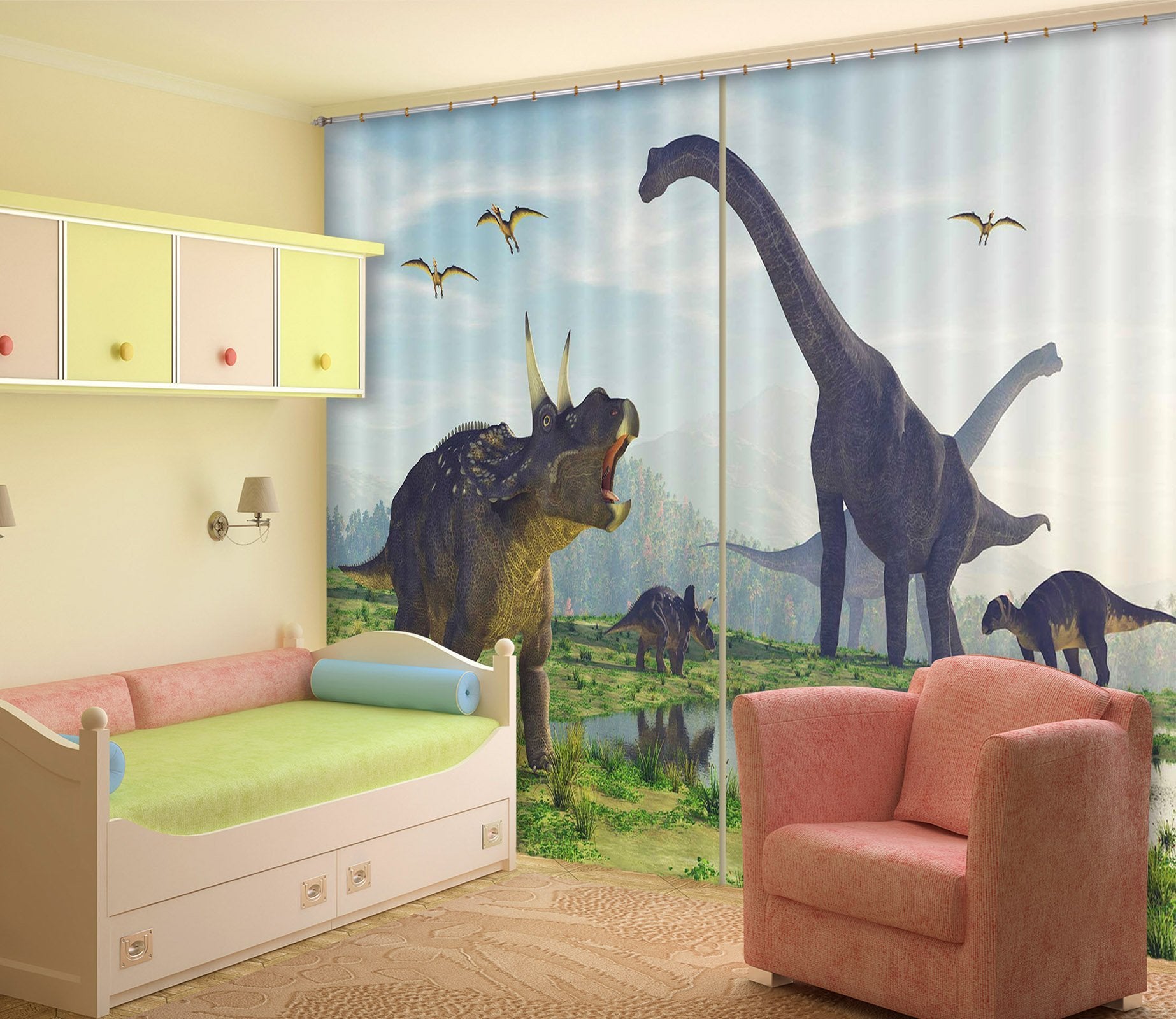 3D Brontosaurus Horned Dragon 167 Curtains Drapes Curtains AJ Creativity Home 
