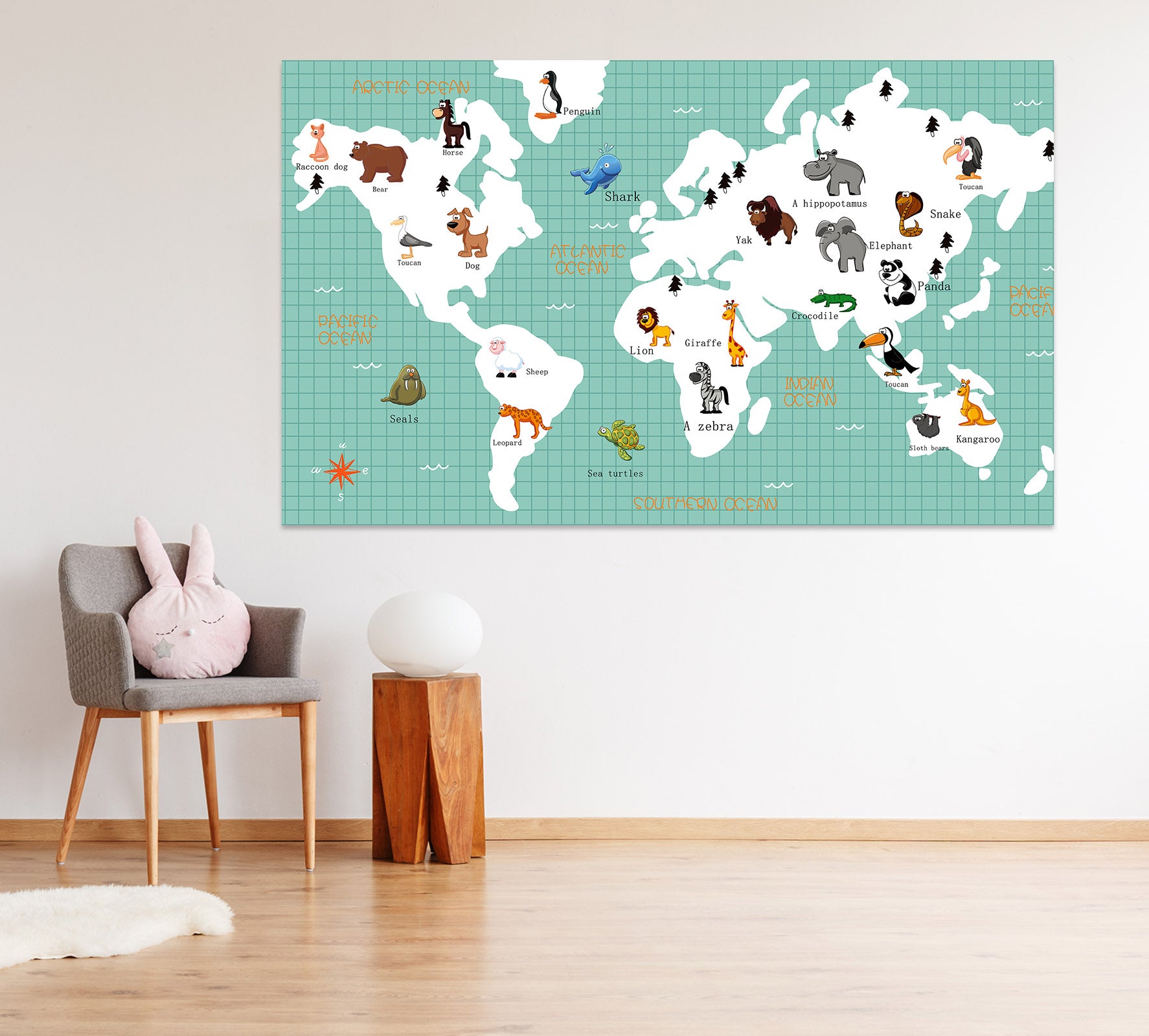 3D Animal Picture 114 World Map Wall Sticker