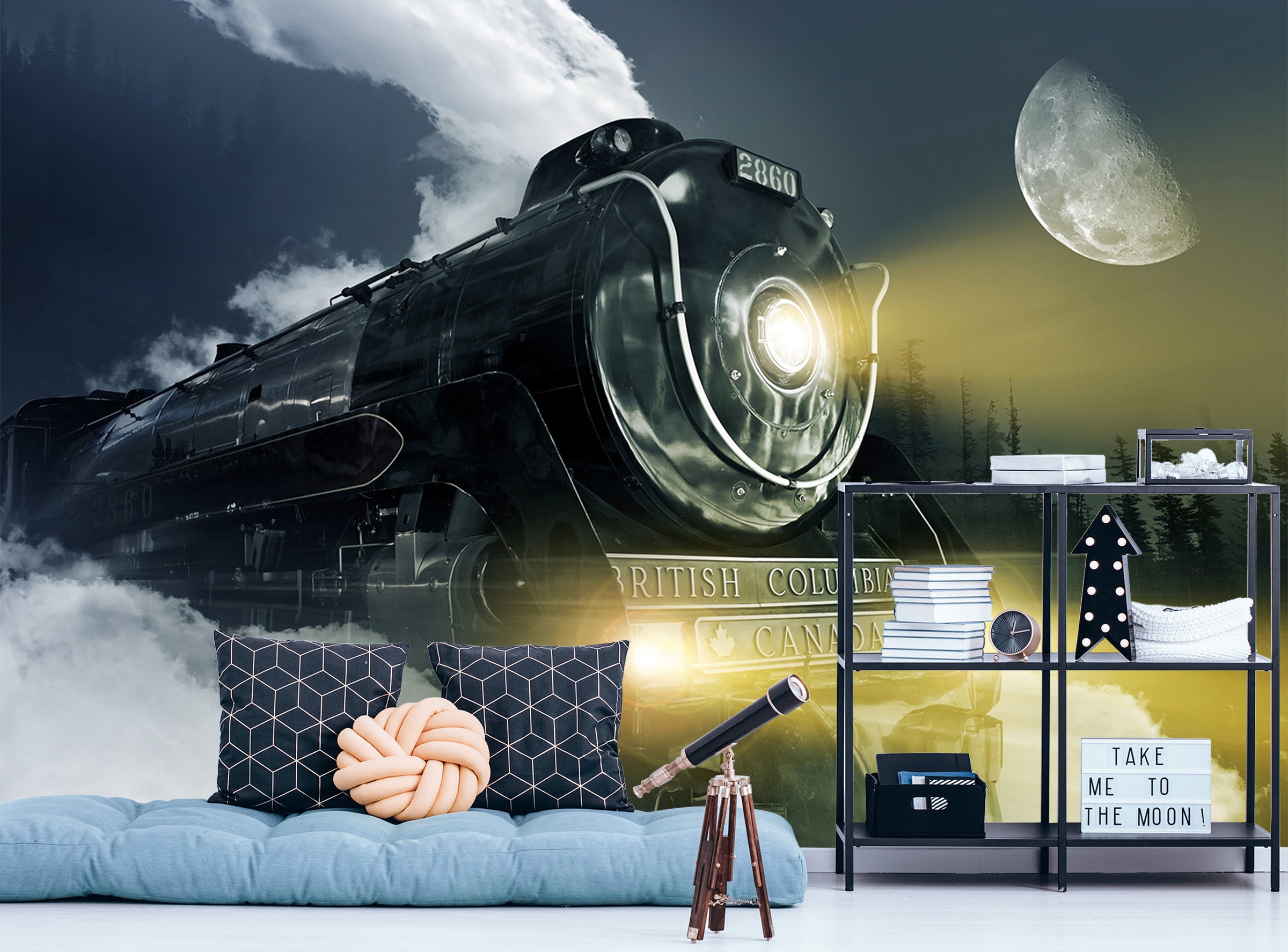 3D Moon Black Train 162 Vehicle Wall Murals