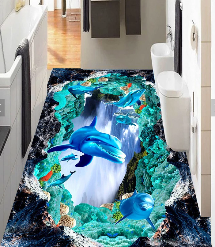 3D Waterfall Dolphin 621 Floor Mural  Wallpaper Murals Rug & Mat Print Epoxy waterproof bath floor