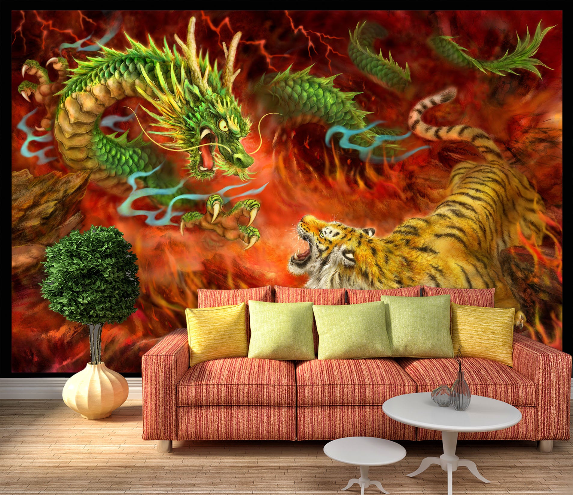 3D Green Dragon Tiger 5521 Kayomi Harai Wall Mural Wall Murals