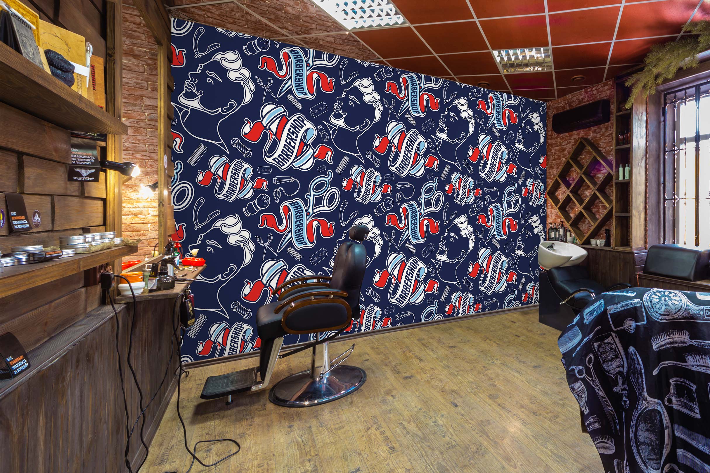 3D Men's Hairstyle Color Bar Scissors 115180 Barber Shop Wall Murals