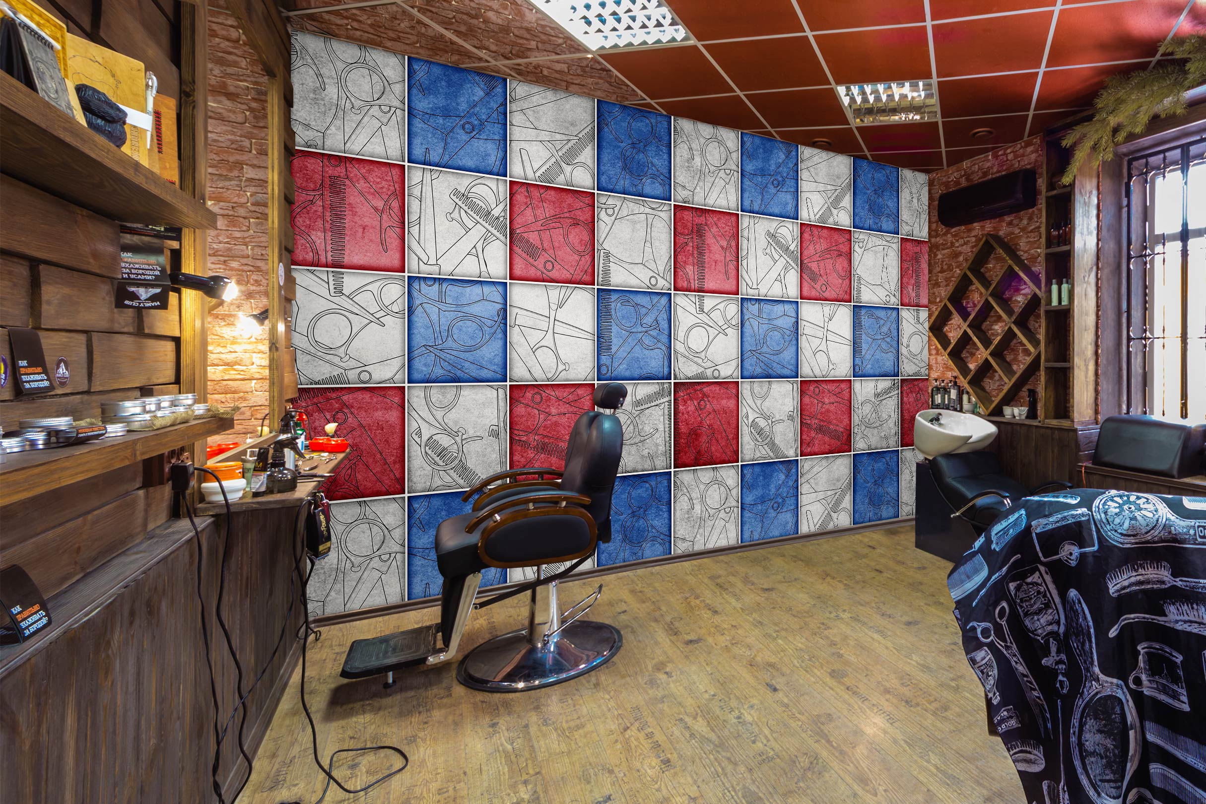 3D Blue Red Square Grid 115187 Barber Shop Wall Murals