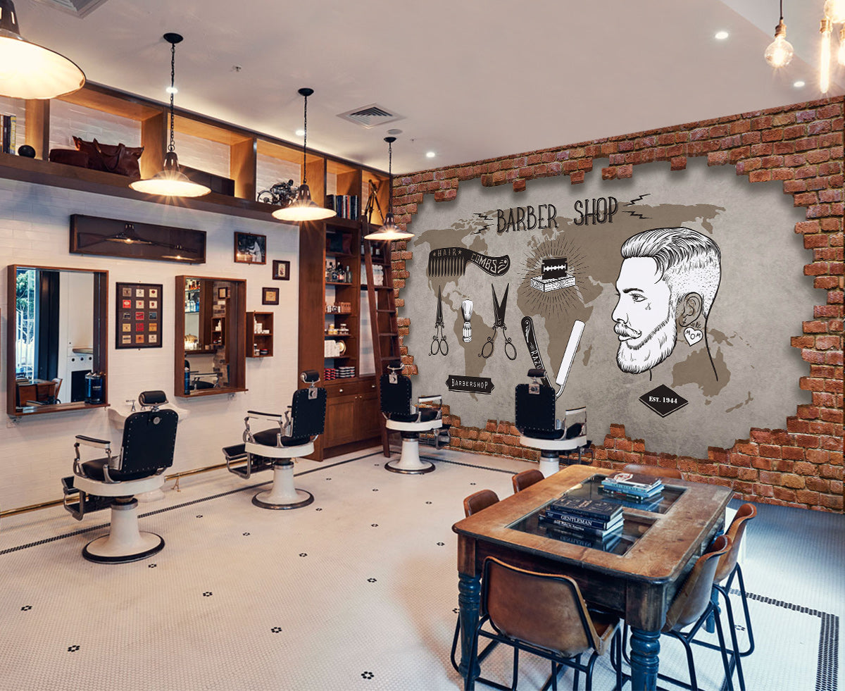 3D Bricks Hair Scissors Comb 115201 Barber Shop Wall Murals