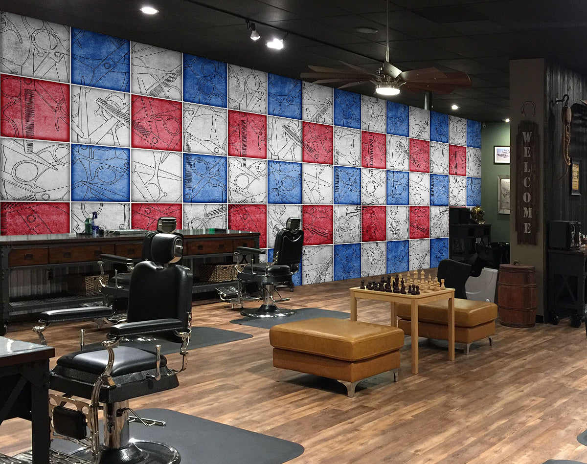 3D Blue Red Square Grid 115187 Barber Shop Wall Murals