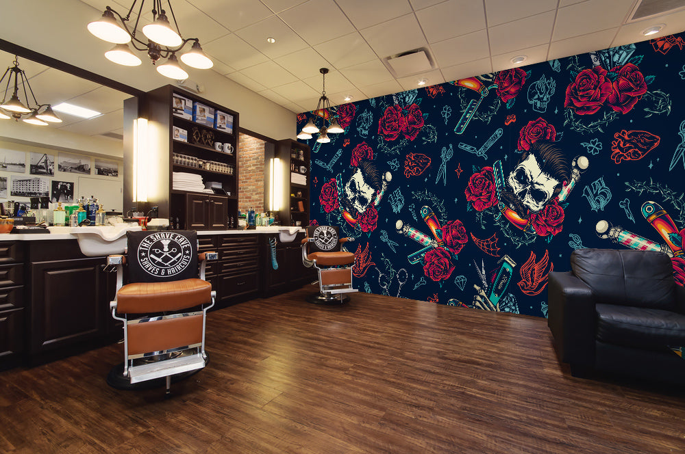 3D Scissors Rose Skull 115190 Barber Shop Wall Murals