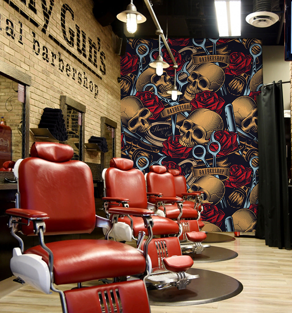 3D Rose Skull Scissors 115175 Barber Shop Wall Murals