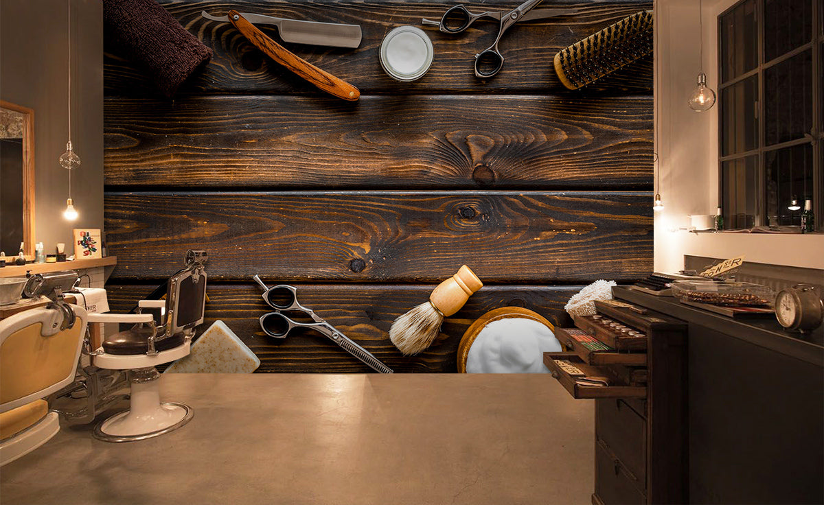 3D Wooden Table Barber Equipment 115177 Barber Shop Wall Murals