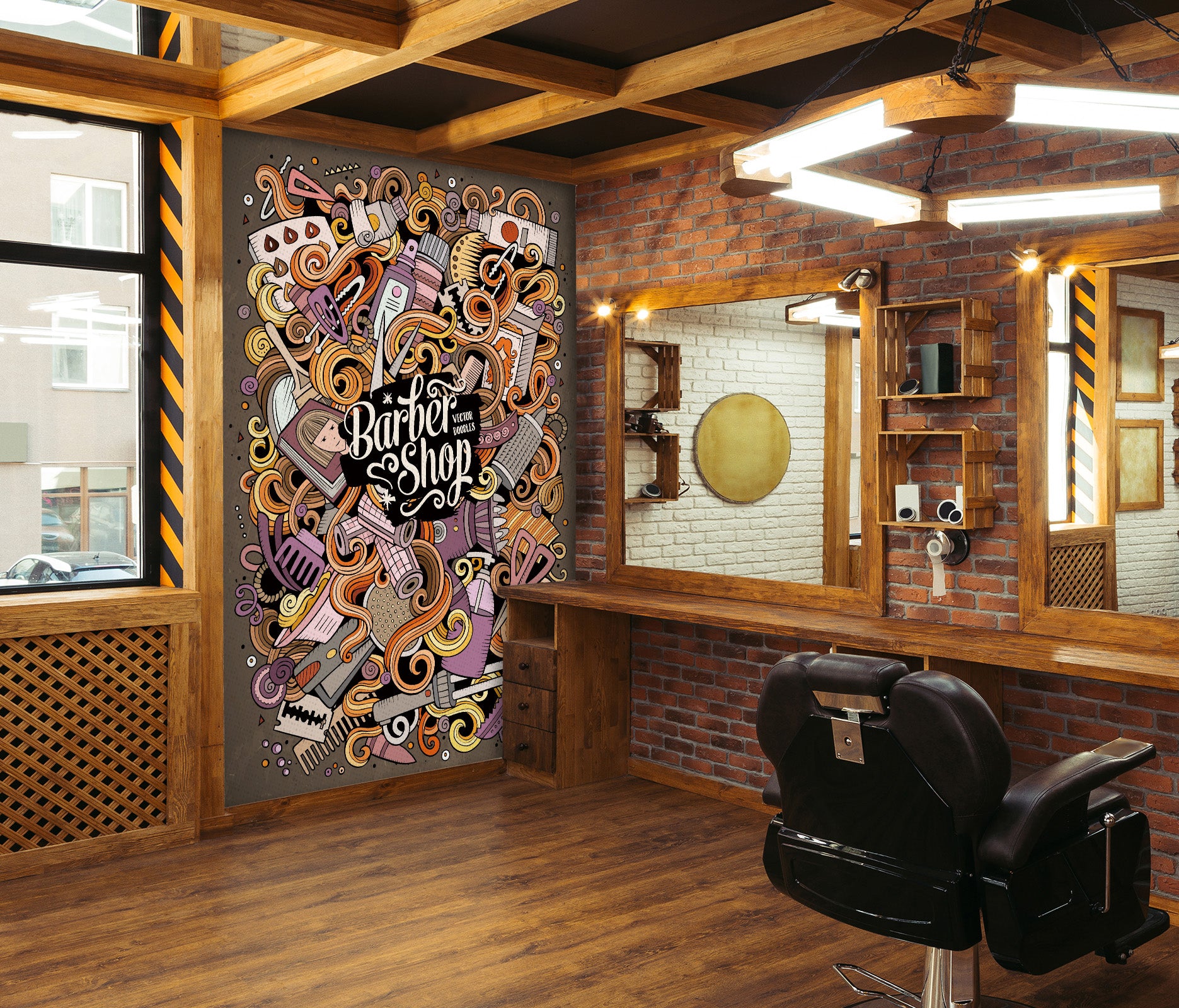 3D Barber Utensils Doodle Pattern 115213 Barber Shop Wall Murals