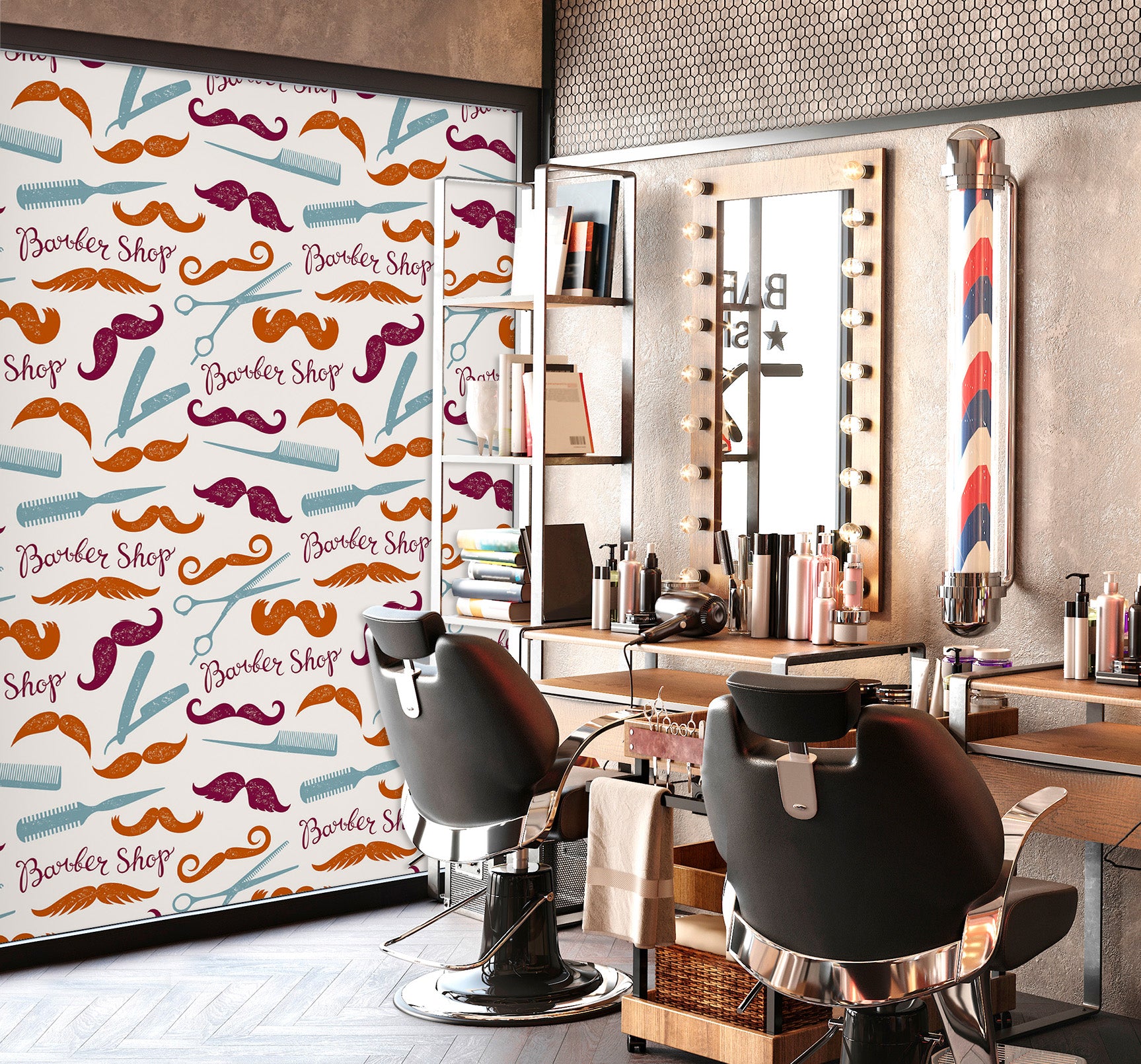 3D Colorful Beard Pattern 115135 Barber Shop Wall Murals
