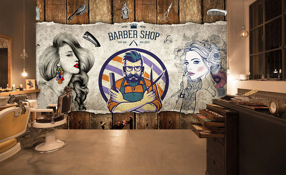 3D Man Cut Hair 1485 Barber Shop Wall Murals