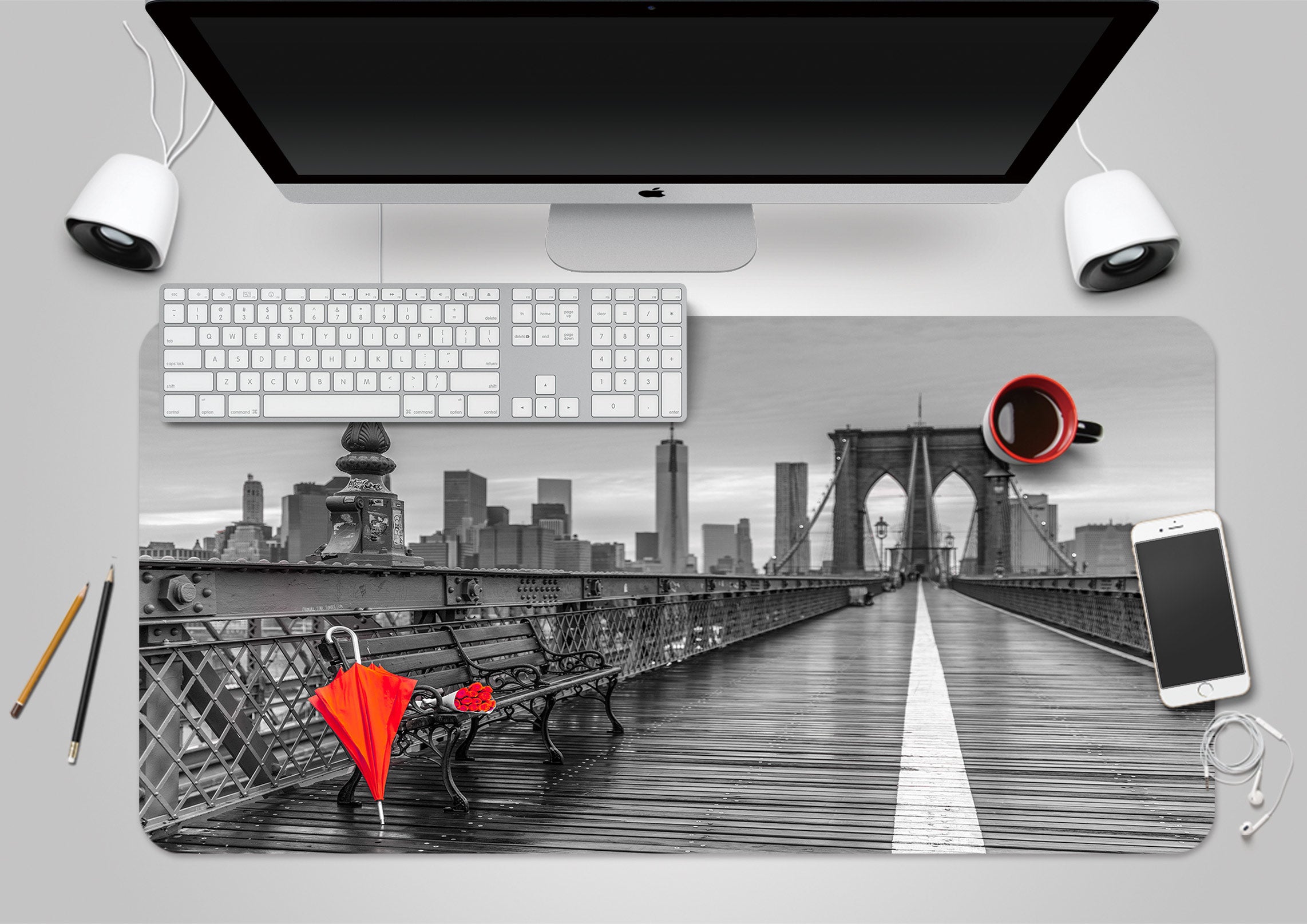 3D Bridge Red Umbrella 123121 Assaf Frank Desk Mat
