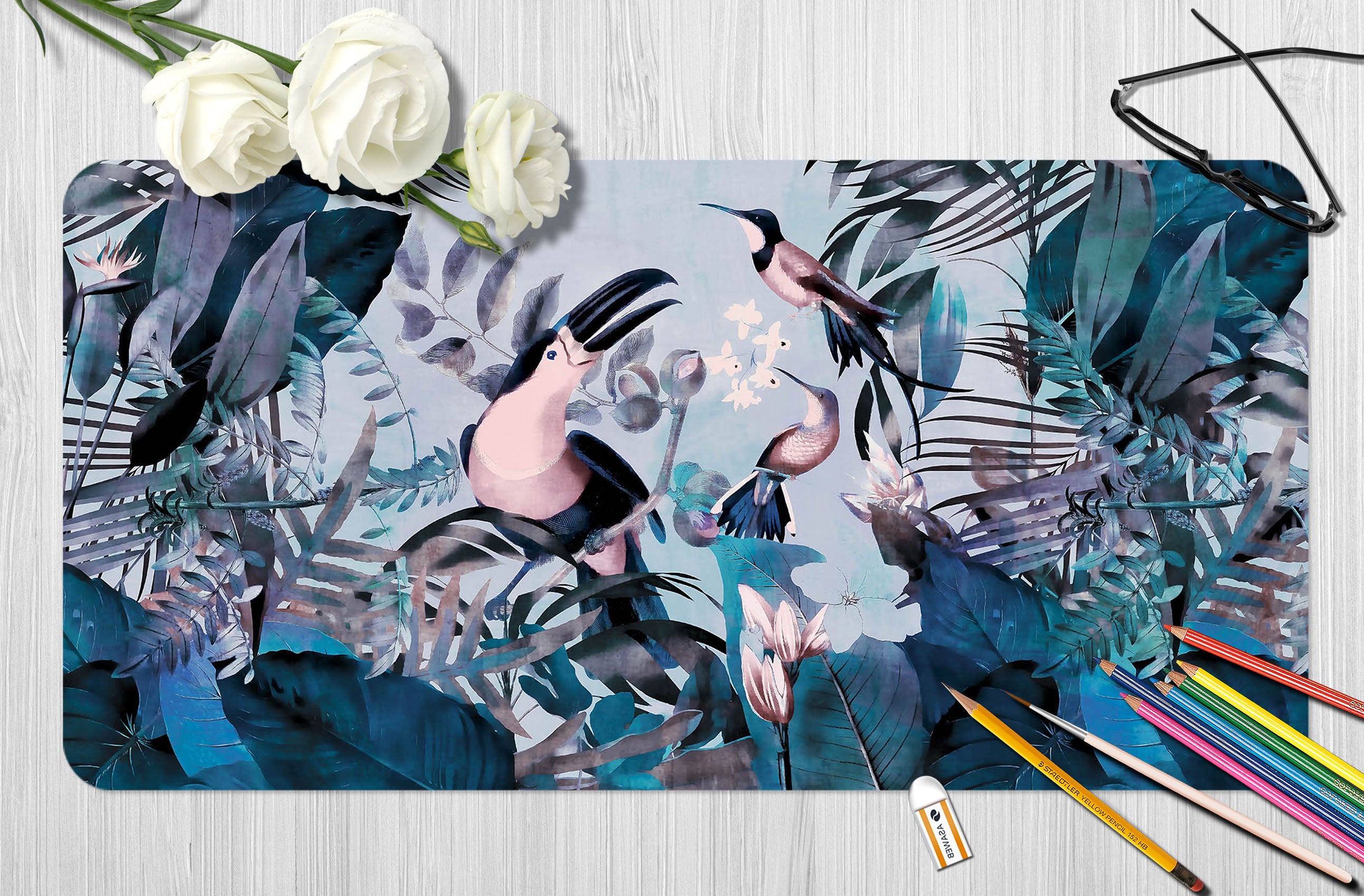 3D Dark Leaves Bird 987 Andrea Haase Desk Mat