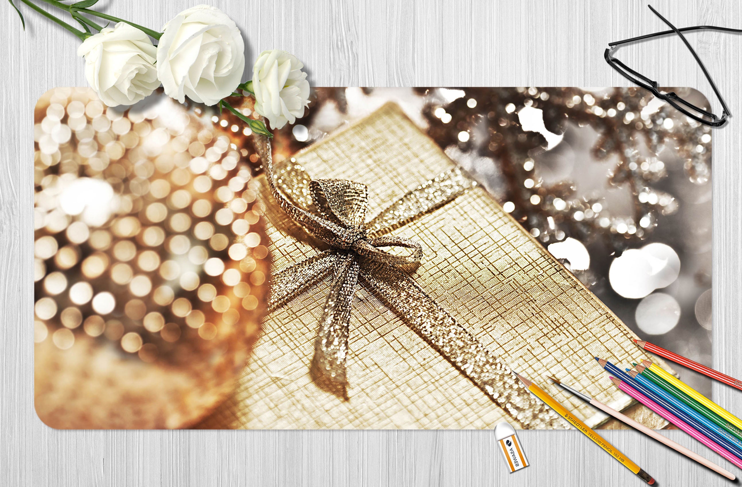 3D Golden Ball Gift Box 53157 Christmas Desk Mat Xmas