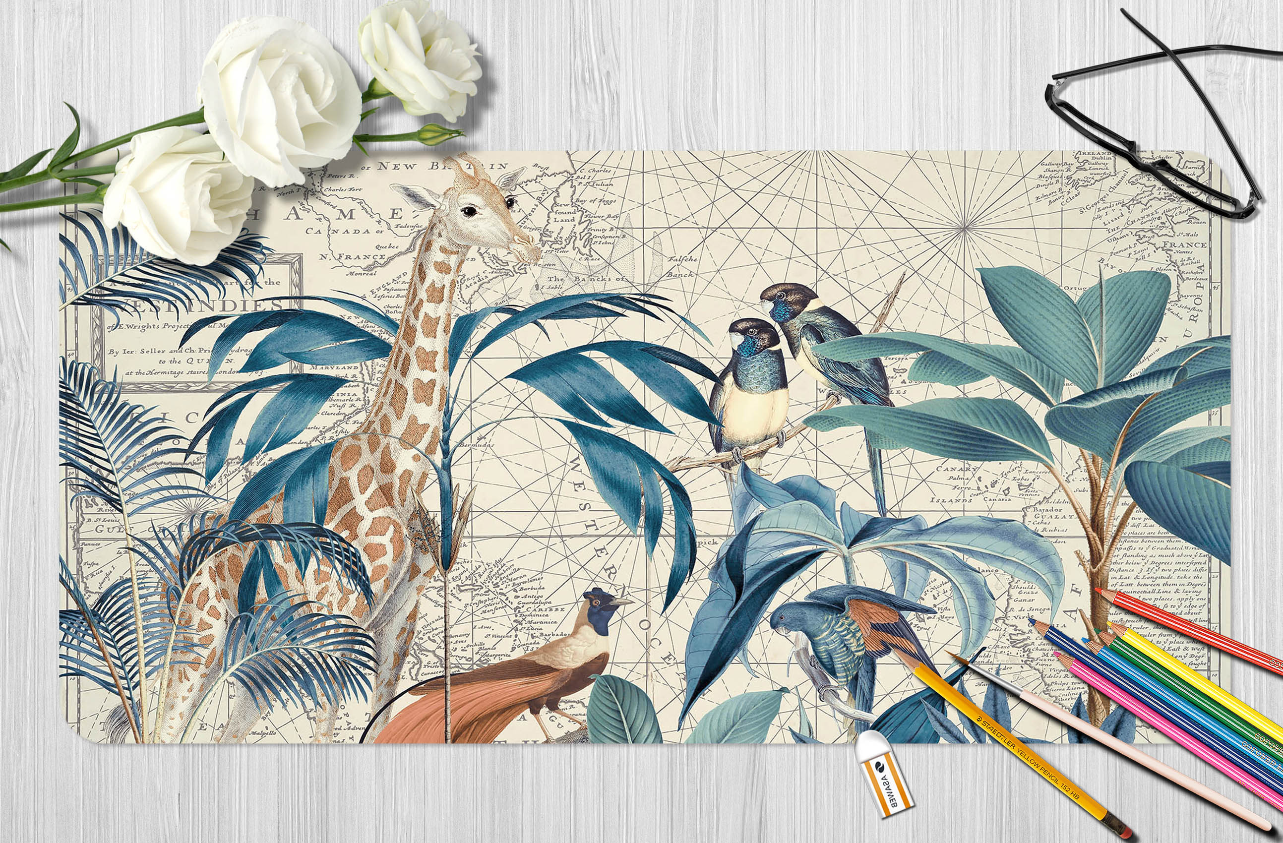 3D Blue Leaves Bird 5247 Andrea Haase Desk Mat