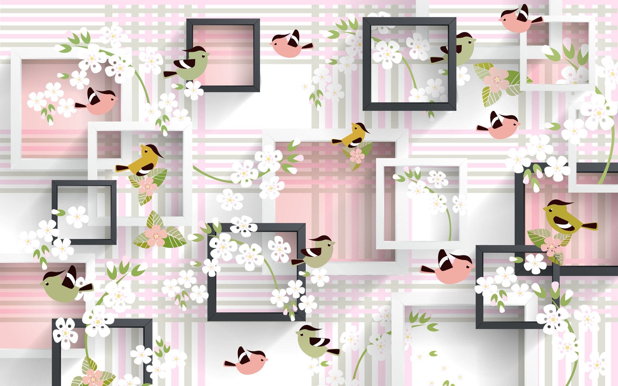Flowers Birds Frames Stripes Wallpaper AJ Wallpaper 