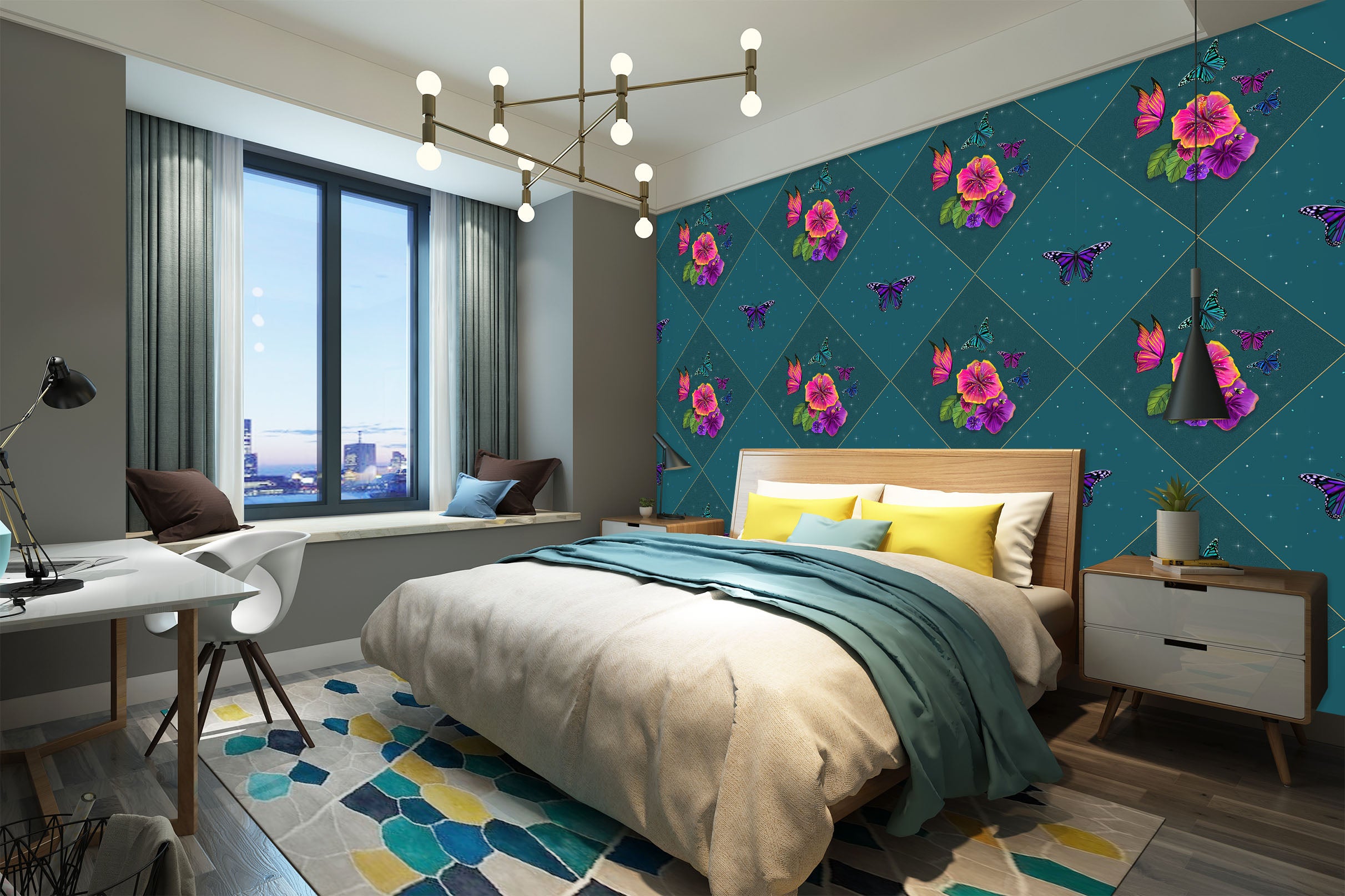 3D Purple Flowers 1418 Rose Catherine Khan Wall Mural Wall Murals