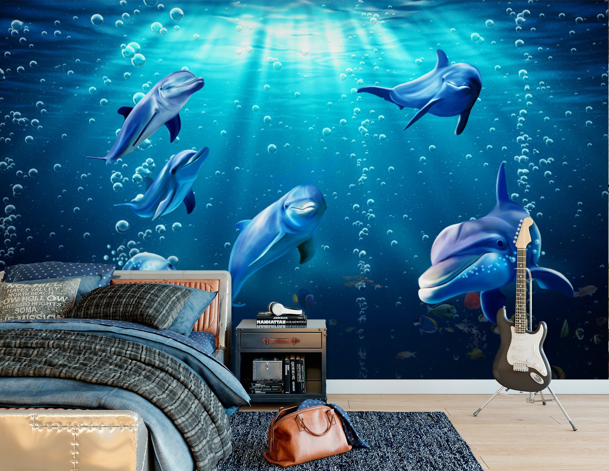3D Dolphin Swimming 1639 Wall Murals
