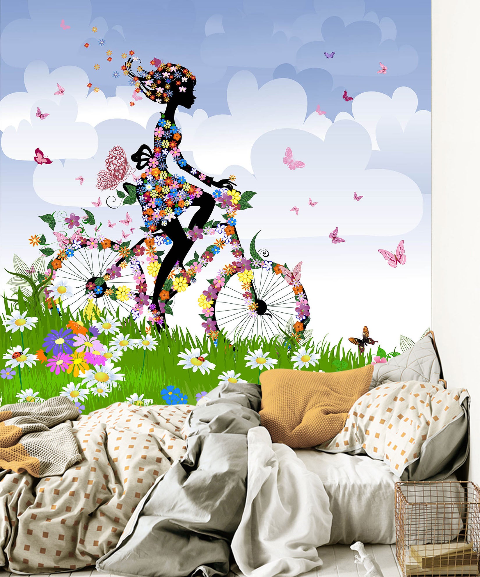 3D Flower Girl Bicycle 005 Wall Murals