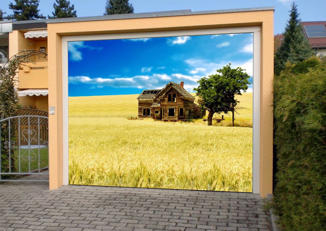 3D Wheat Field Wood House 113 Garage Door Mural Wallpaper AJ Wallpaper 