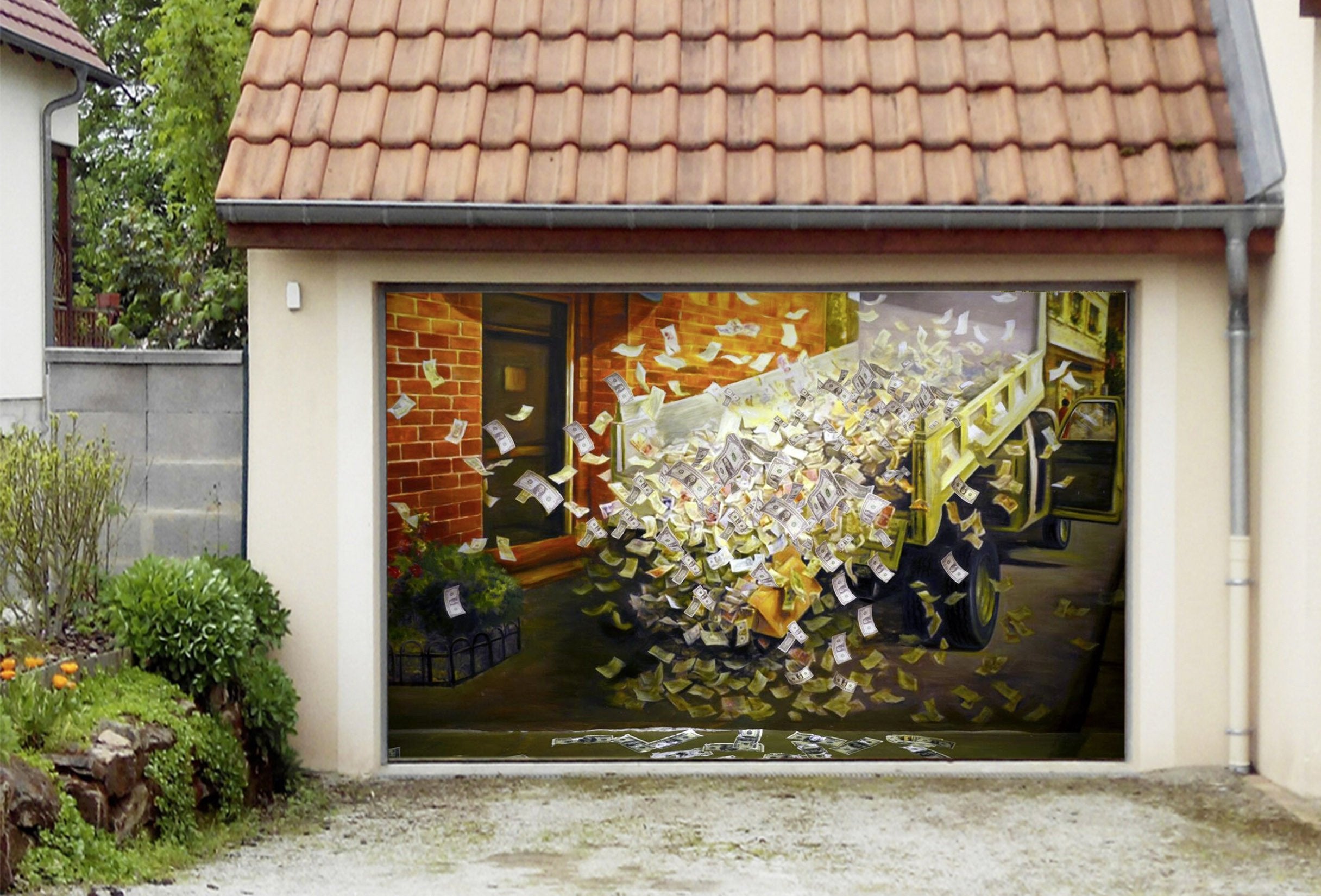 3D Truck Flying Money 303 Garage Door Mural Wallpaper AJ Wallpaper 