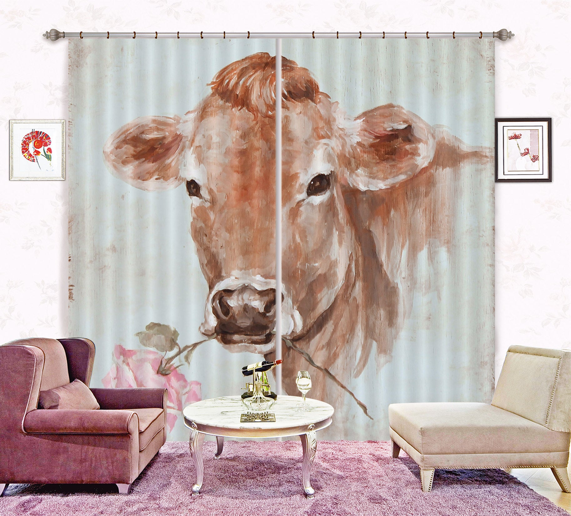 3D Cow Flowers 3019 Debi Coules Curtain Curtains Drapes