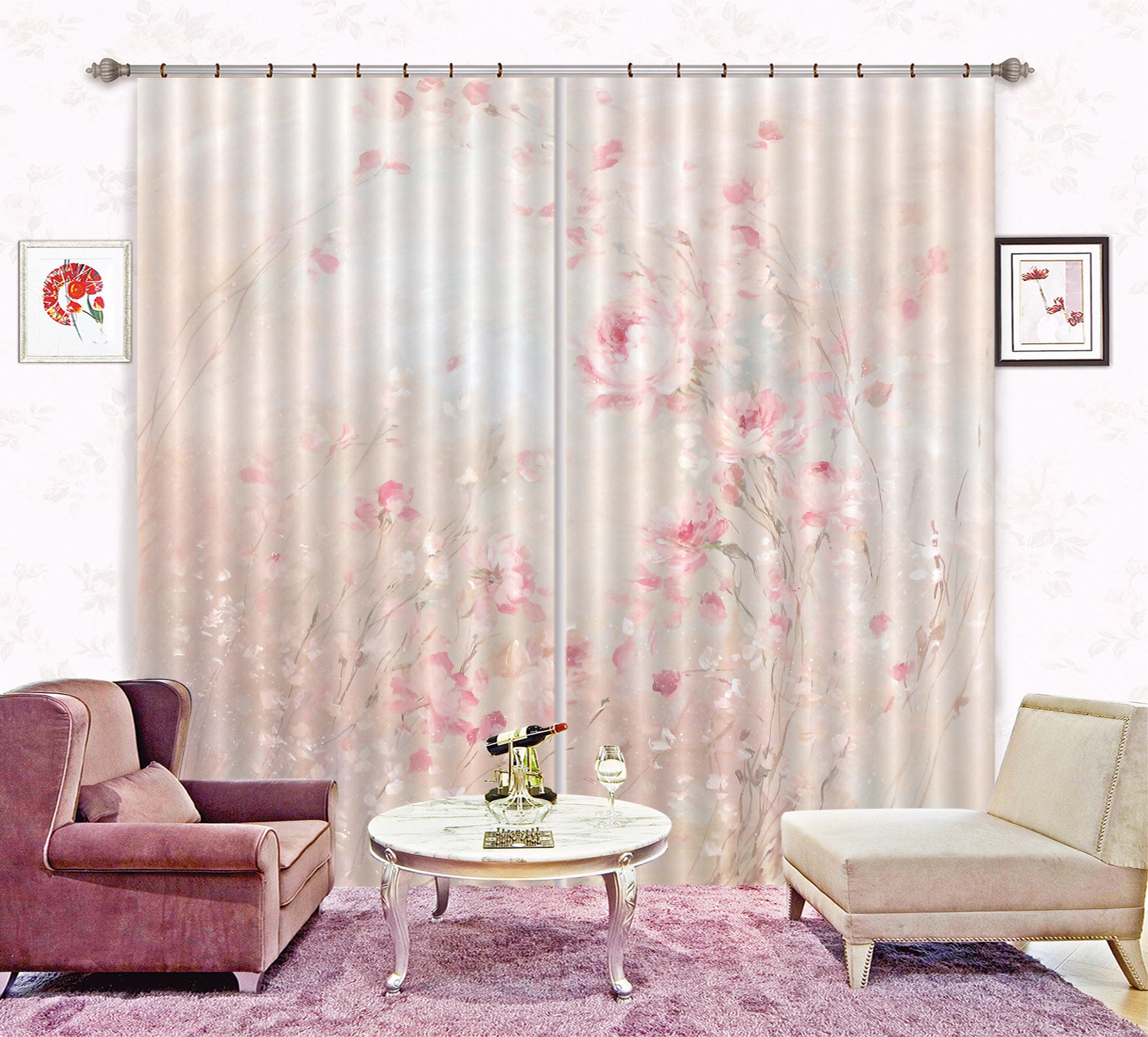3D Pink Flowers 046 Debi Coules Curtain Curtains Drapes