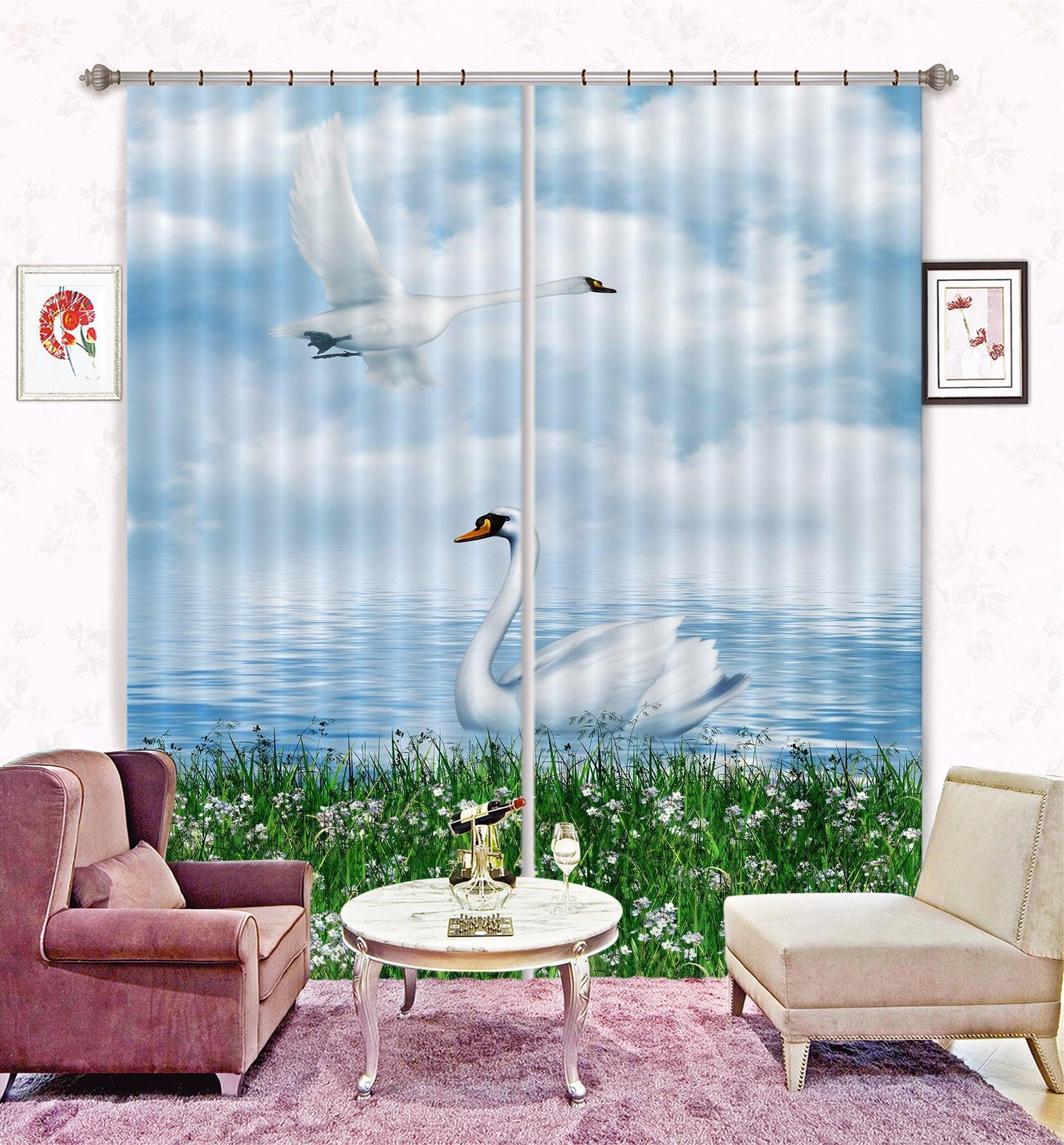 3D Lake Swans 11 Curtains Drapes Wallpaper AJ Wallpaper 