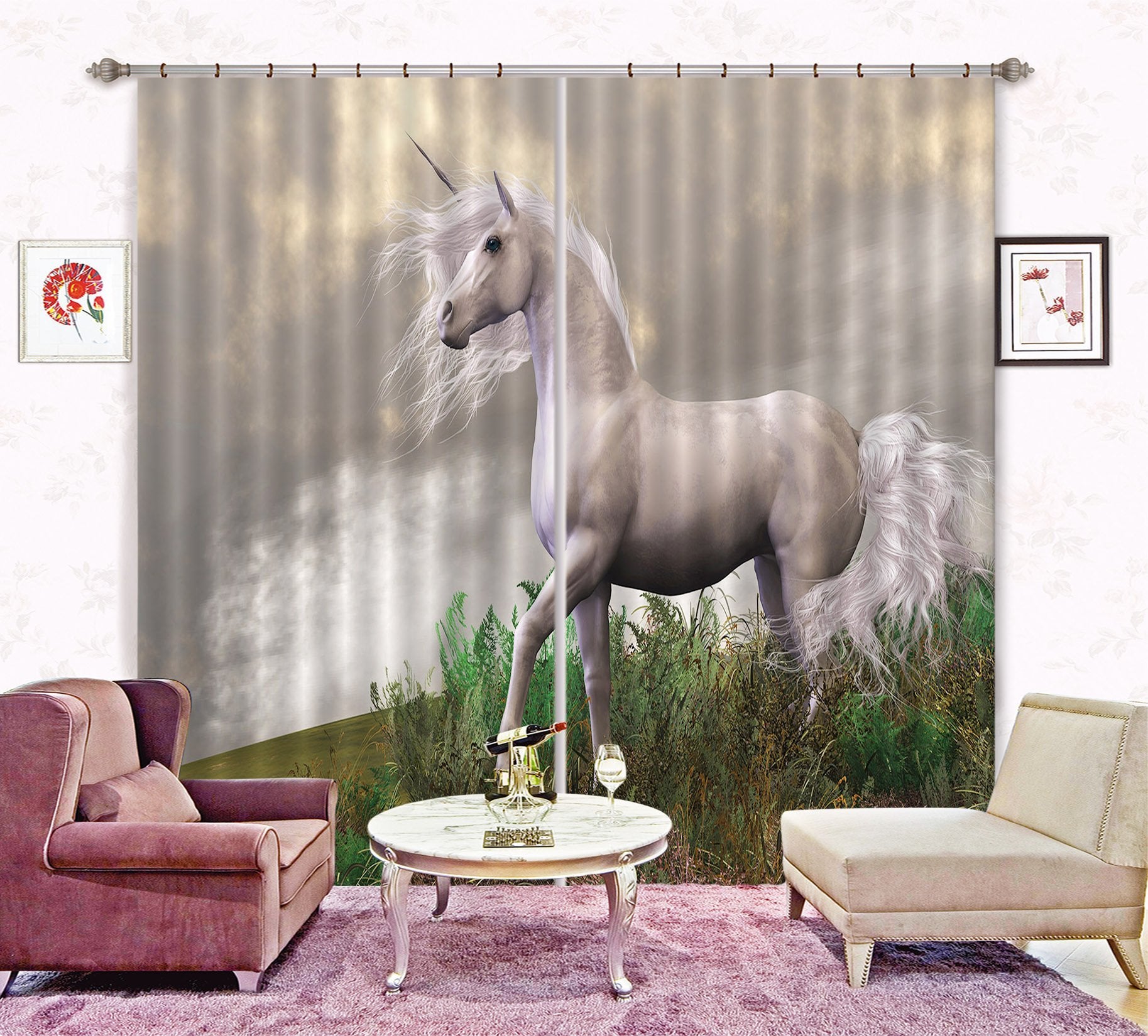 3D Meadow Unicorn 070 Curtains Drapes Curtains AJ Creativity Home 