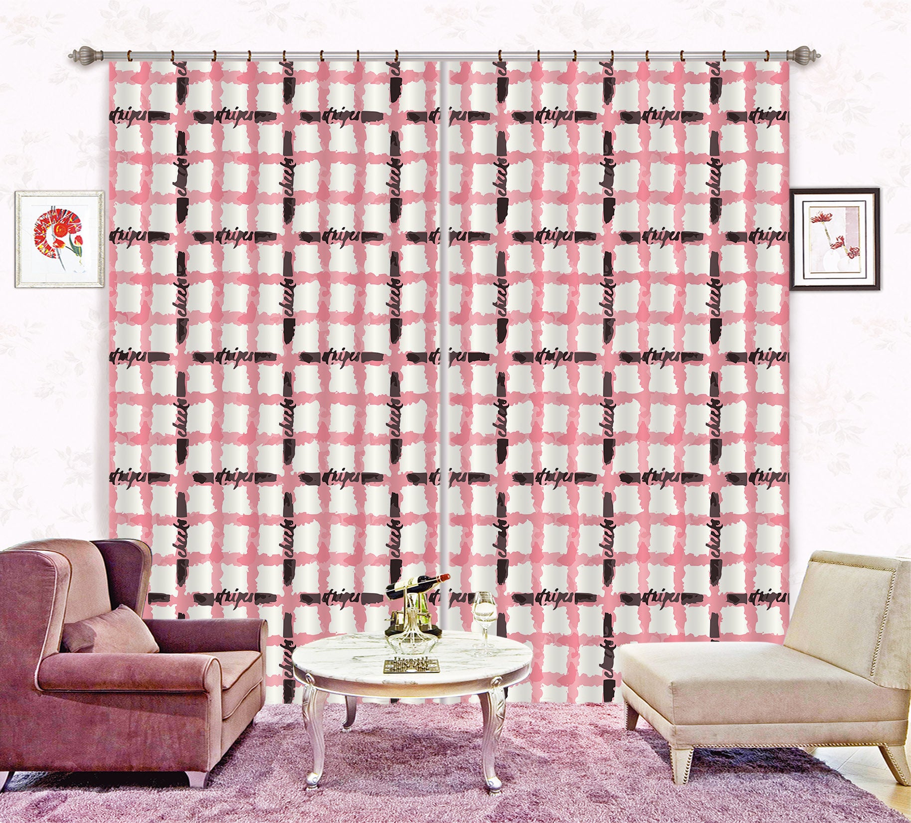 3D Pink Line Plaid 11152 Kashmira Jayaprakash Curtain Curtains Drapes