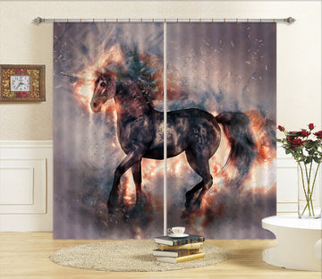 3D Fire Black Unicorn 084 Curtains Drapes Curtains AJ Creativity Home 
