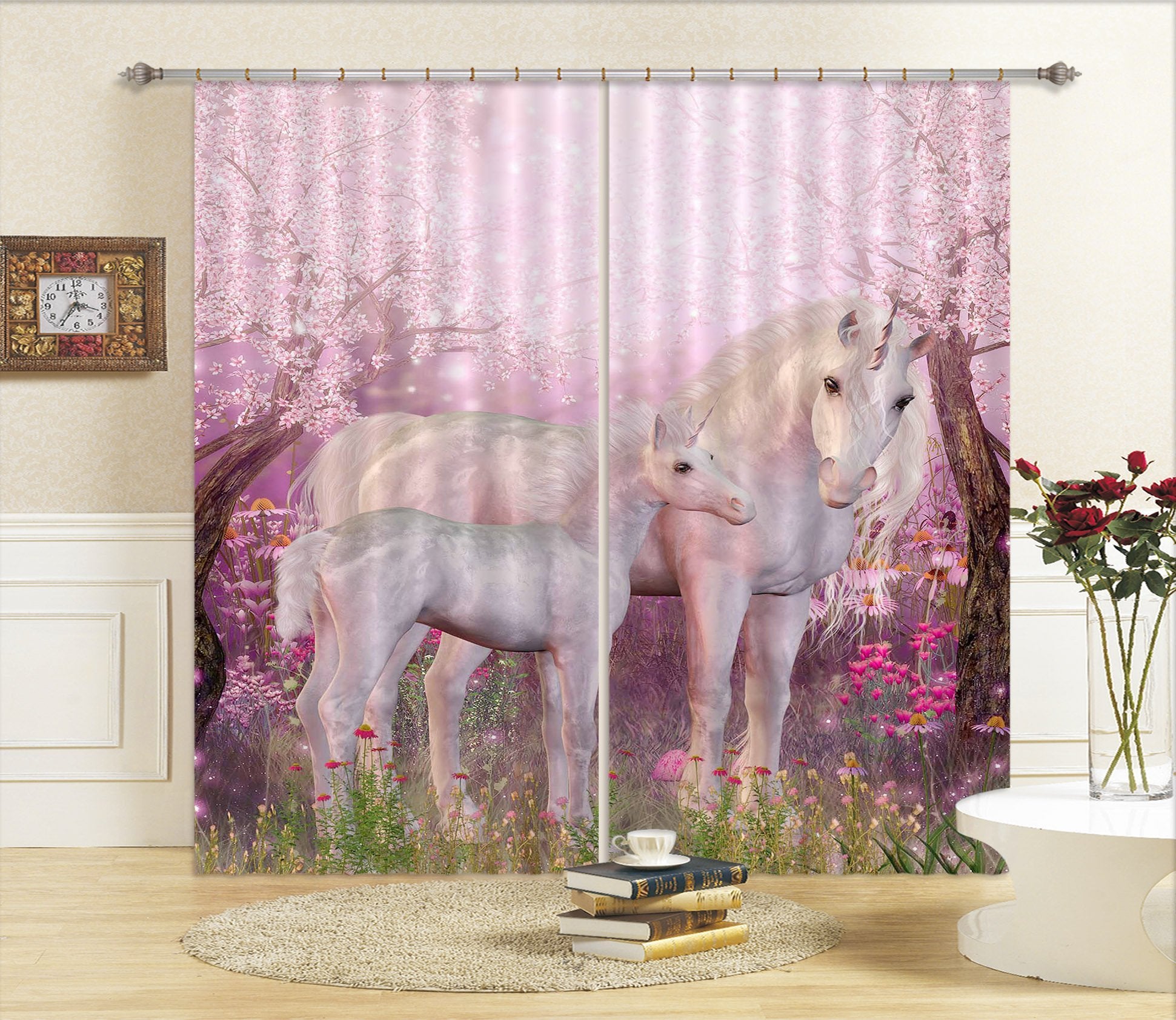 3D Peach Flower Forest Unicorns 124 Curtains Drapes Curtains AJ Creativity Home 