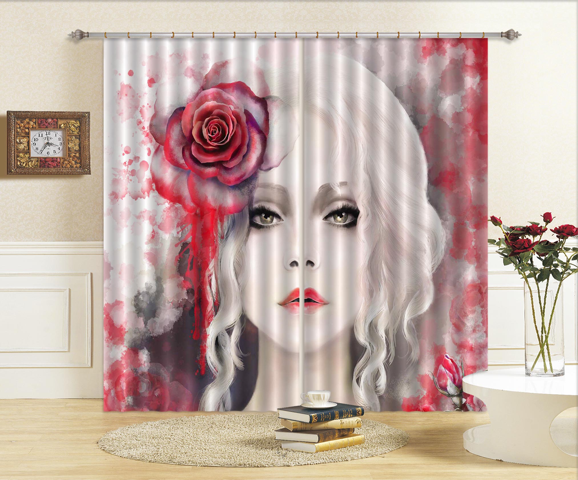 3D Red Rose Lady 041 Curtains Drapes