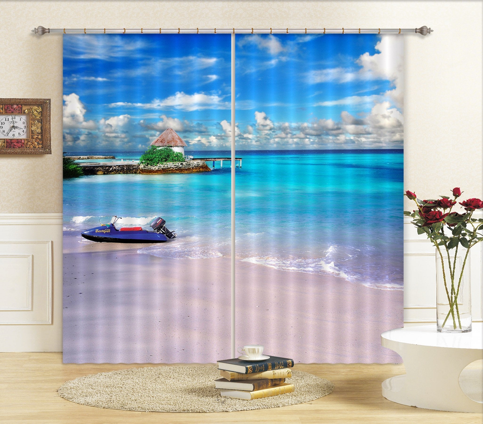 3D Blue Sea Beach 351 Curtains Drapes Wallpaper AJ Wallpaper 