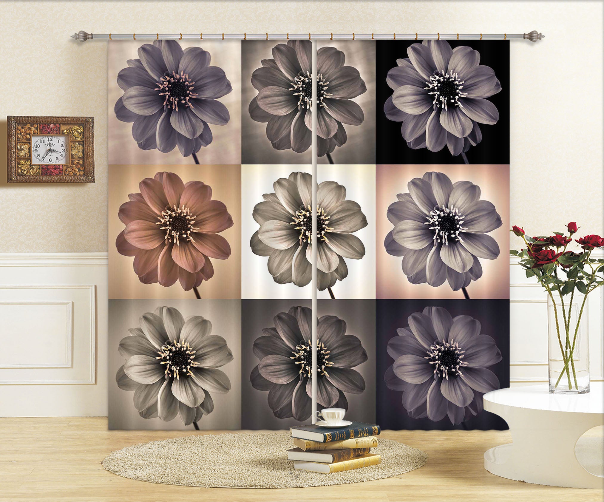 3D Grey Flowers 211 Assaf Frank Curtain Curtains Drapes