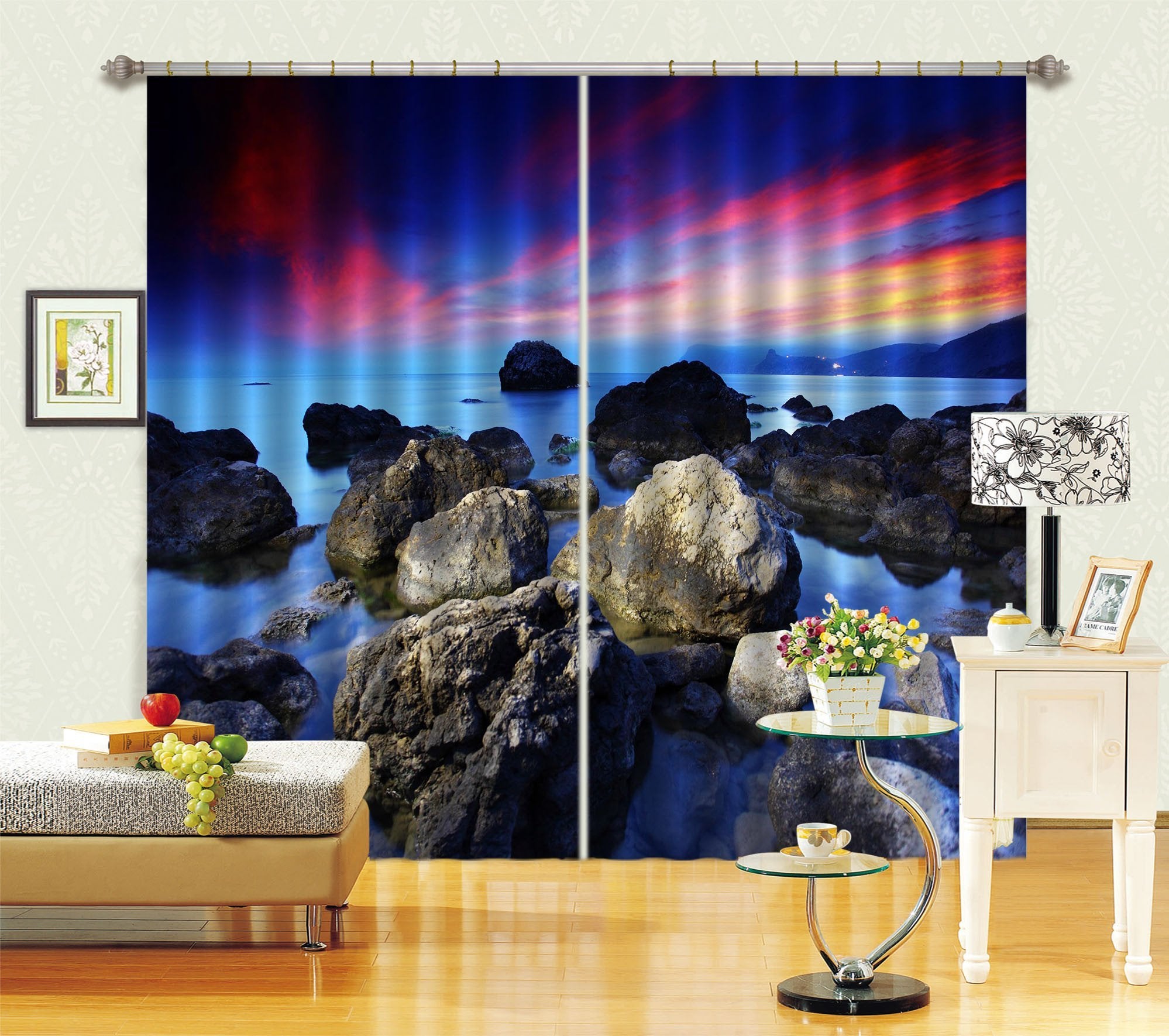 3D Sea Stones Sunset Glows 685 Curtains Drapes Wallpaper AJ Wallpaper 
