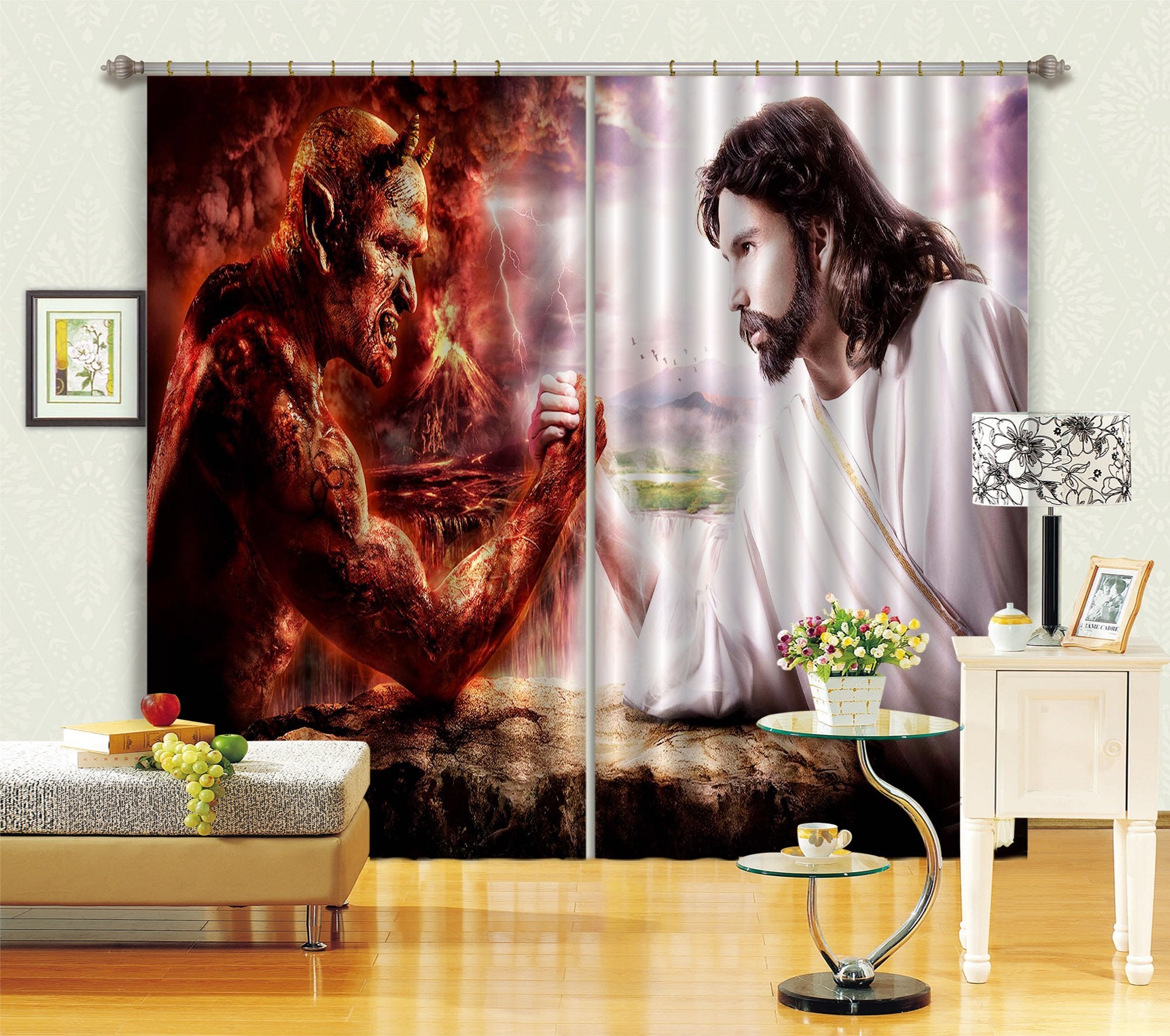 3D Devil Angel Arm Wrestling 060 Curtains Drapes Curtains AJ Creativity Home 