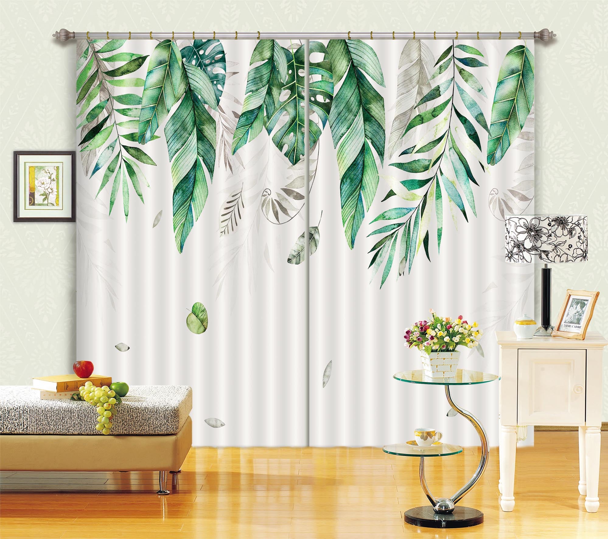 3D Green Leaf 846 Curtains Drapes