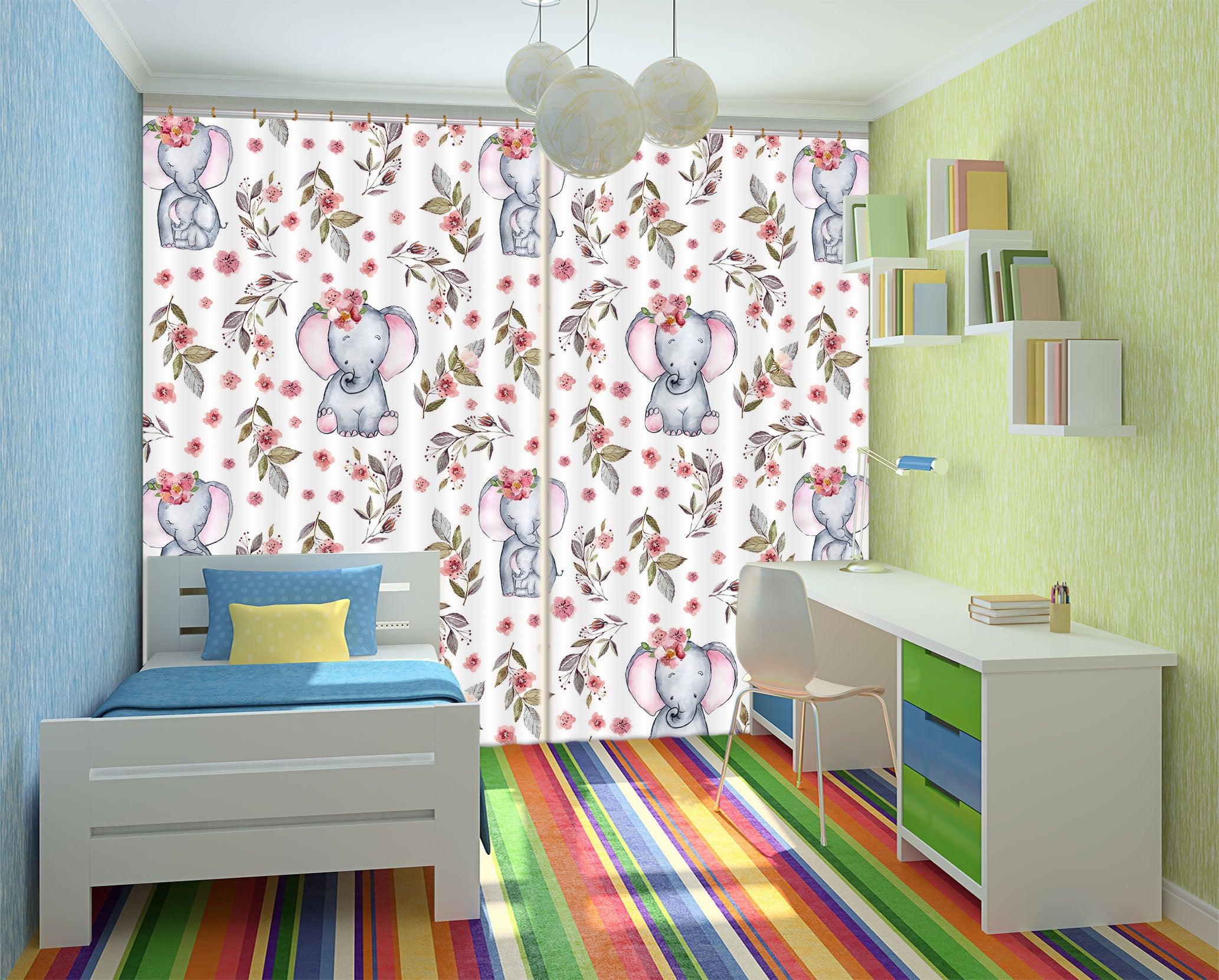 3D Elephant Pink Flower 144 Uta Naumann Curtain Curtains Drapes